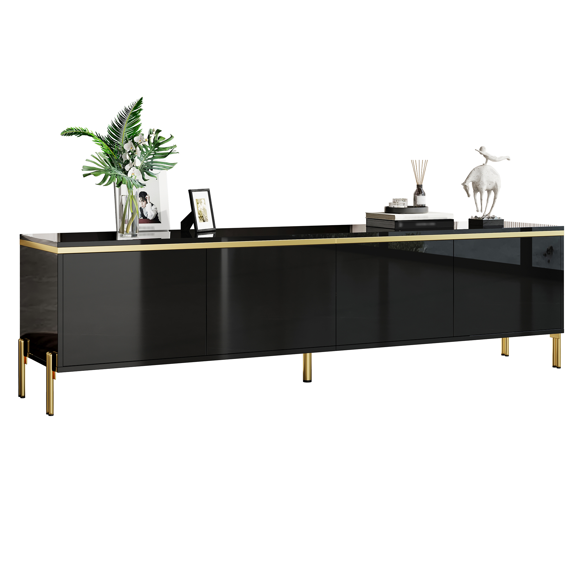 Modern High-gloss TV Stand, Four Cabinet Doors, Cable Management Ports, Gold — image 4
