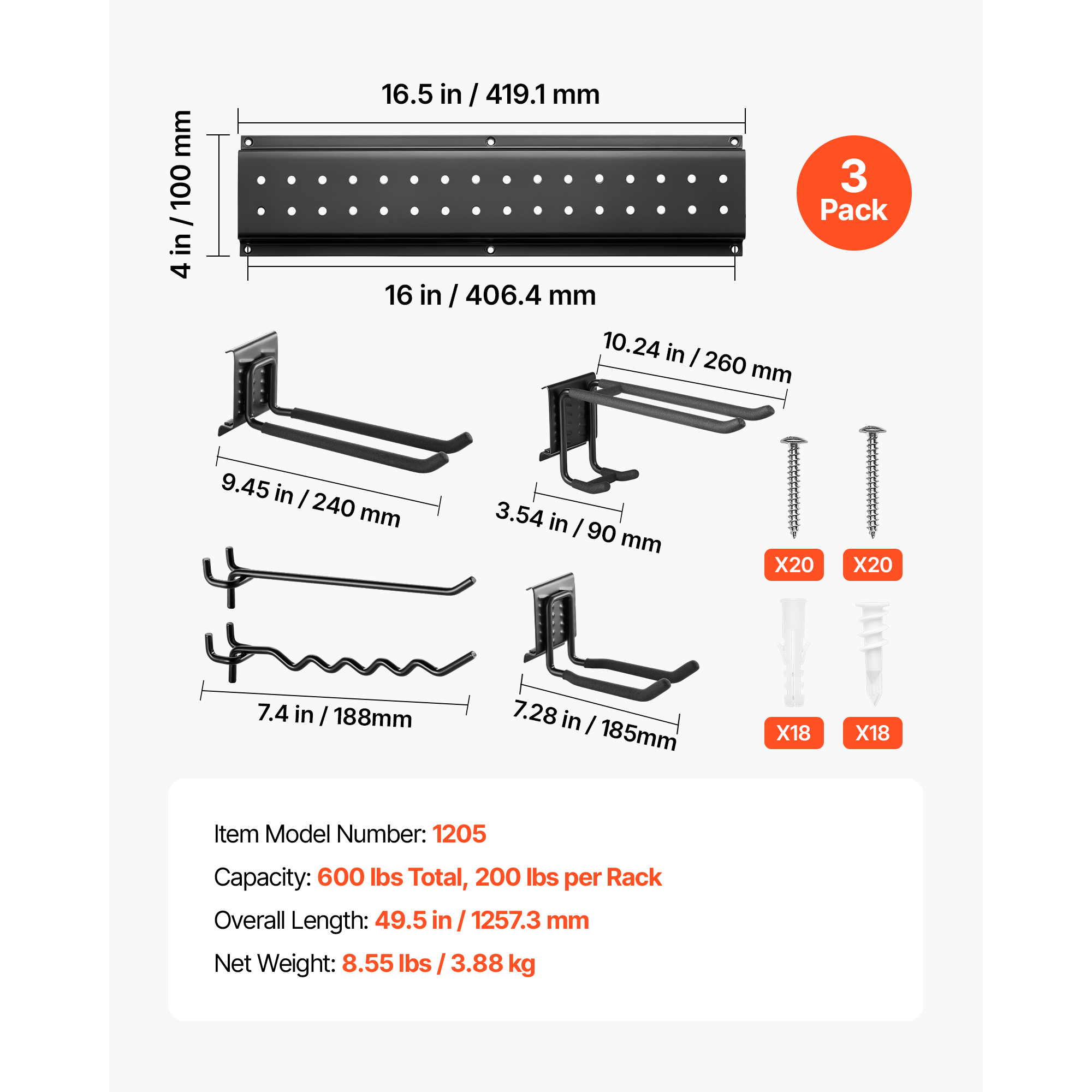 Garage Tool Organizer 49.5 Inch 600 Lbs Wall Mount Garden Tool Rack, Heavy Duty Garage Hanging Storage Rack Organization With 3 Rails And 12