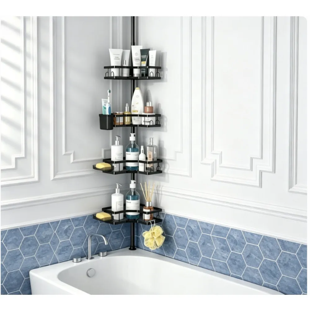4-Tier Shower Shelf, Black, Telescopic Bathroom Shelf—No