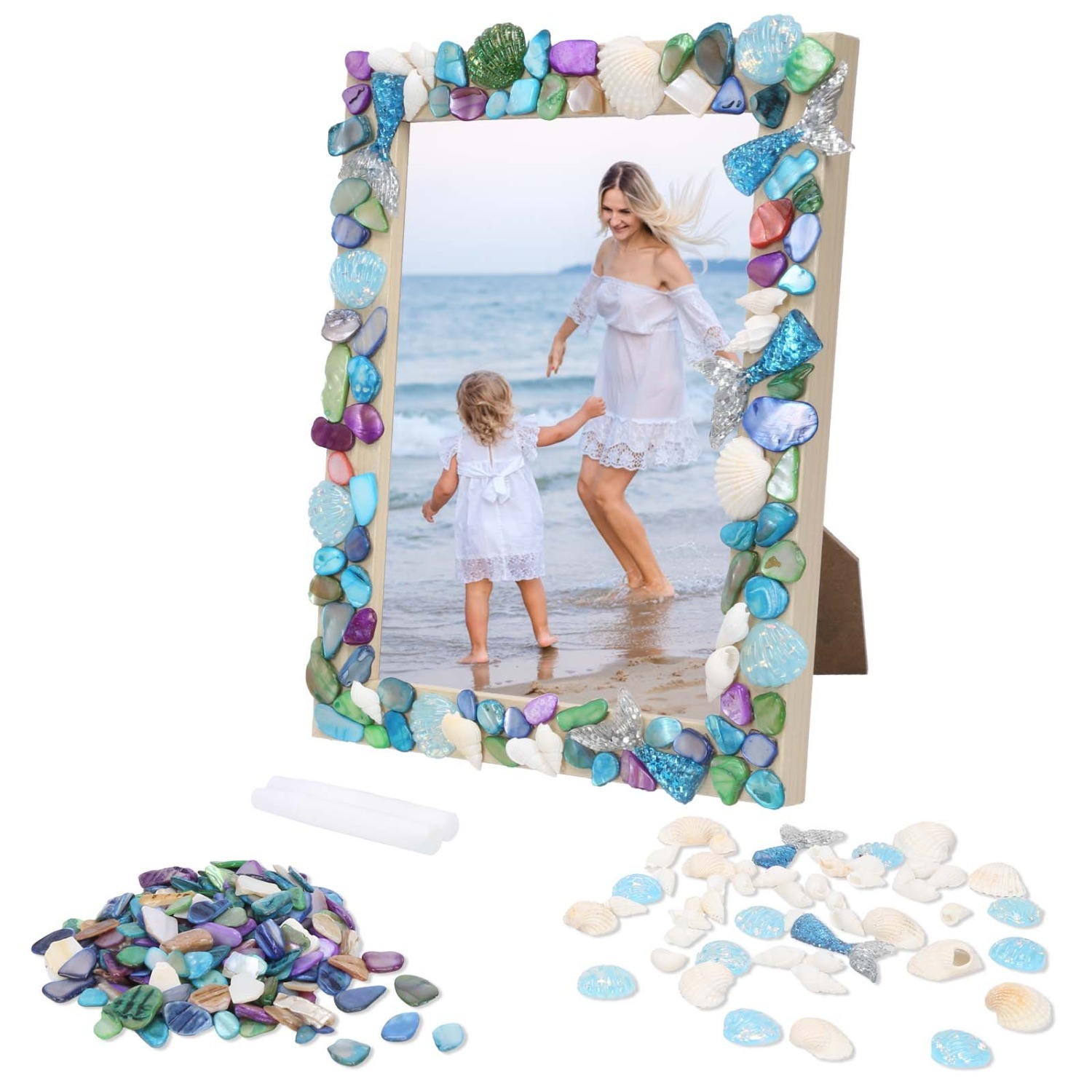 Ocean Mosaic Photo Frame Craft Kit, Mermaid Photo Frame Mosaic Set, DIY Mosaic Frame Craft With Mermaid Tail And Seashells, Summer Birthday Party Gift