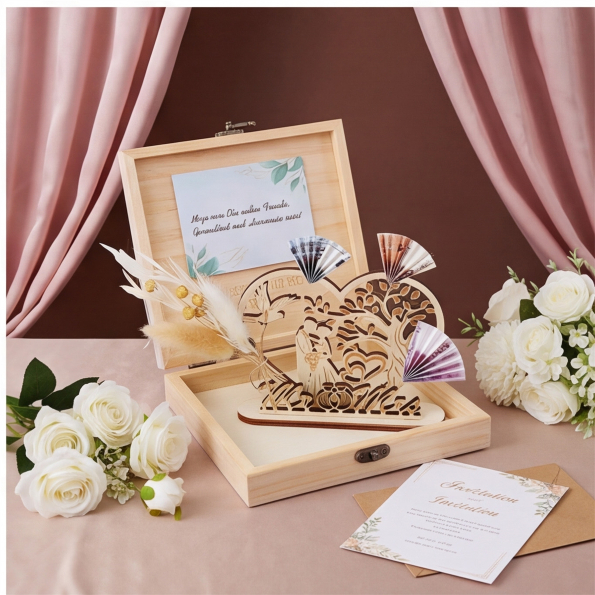 Wooden Wedding Money Gift Box, 15x15x3 Cm, Includes Wooden Figurine, Card, Dried Flowers, And Ribbon—Gift Set For Newlyweds—Party Accessory Set