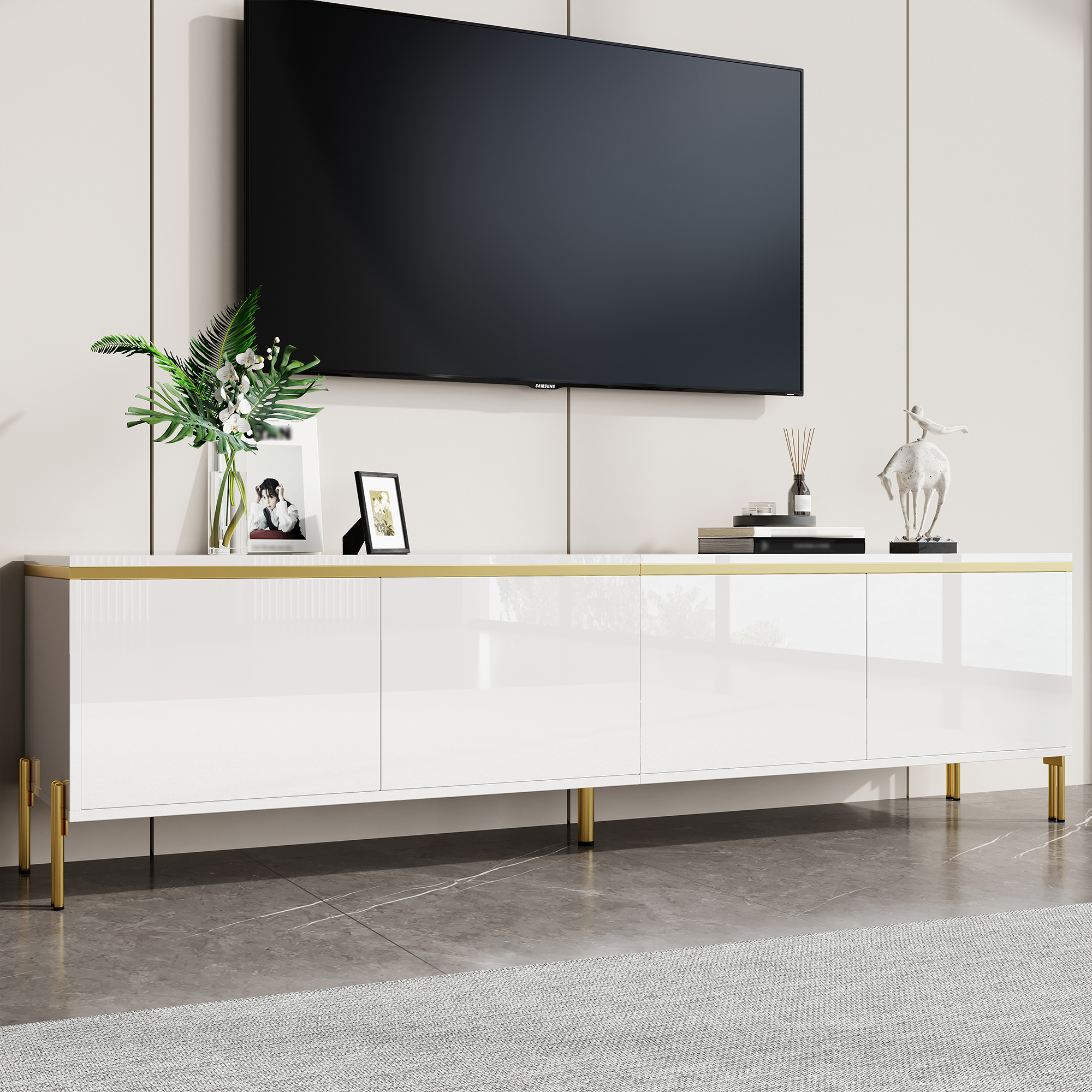 Modern High-gloss TV Stand, Four Cabinet Doors, Cable Management Ports, Gold — image 4