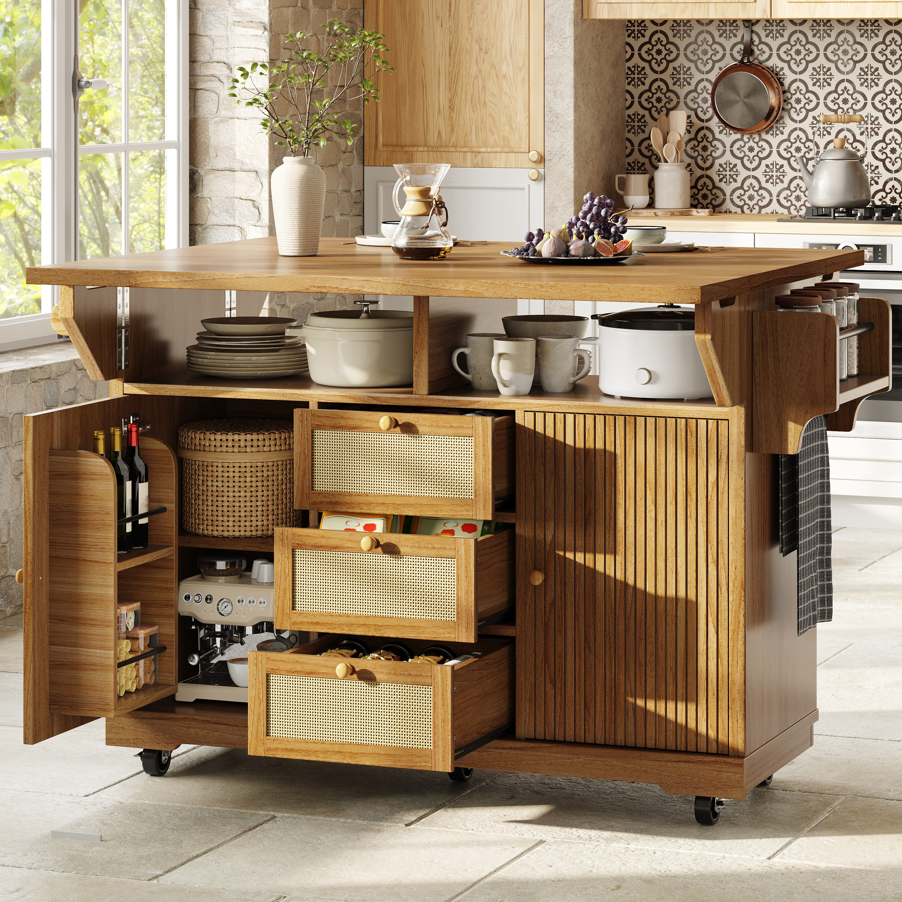 Foldable Serving Trolley, 95 Cm Kitchen With Ergonomic Height, PE Rattan — image 3