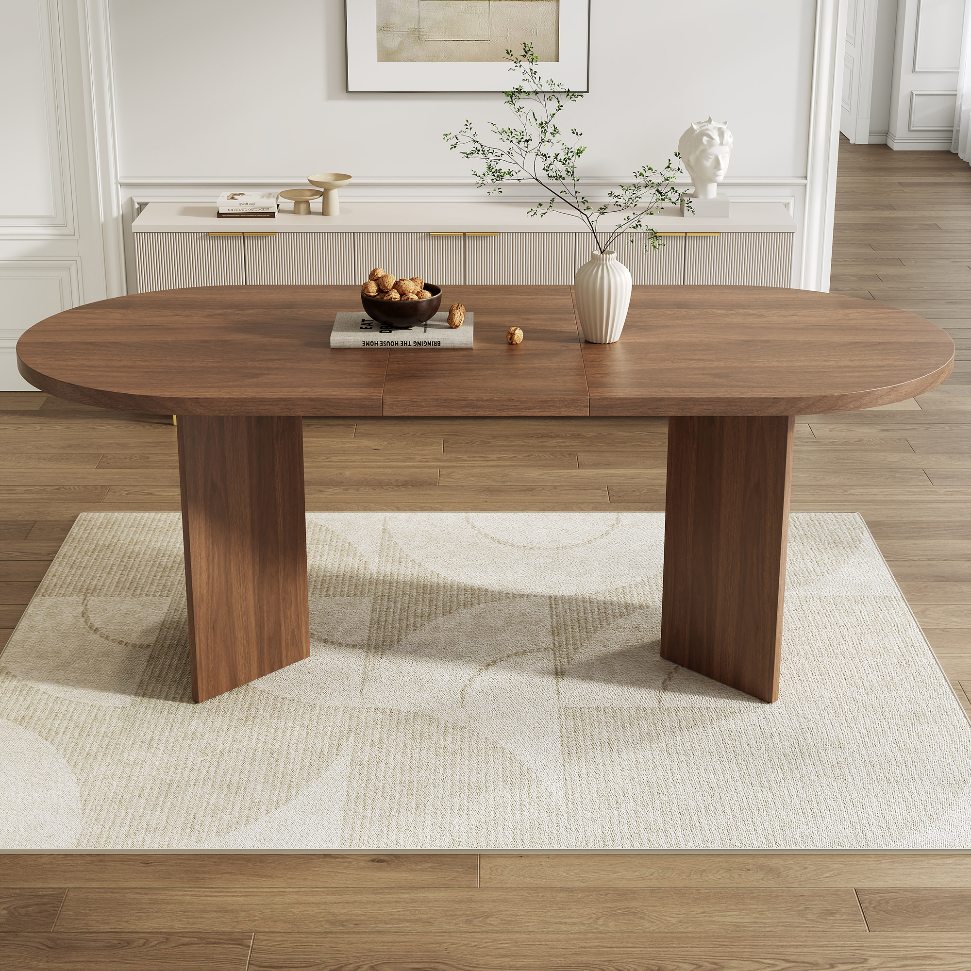 Modern Large Dining Table For 6-8, Oval Wood Finish Kitchen With Double — image 4