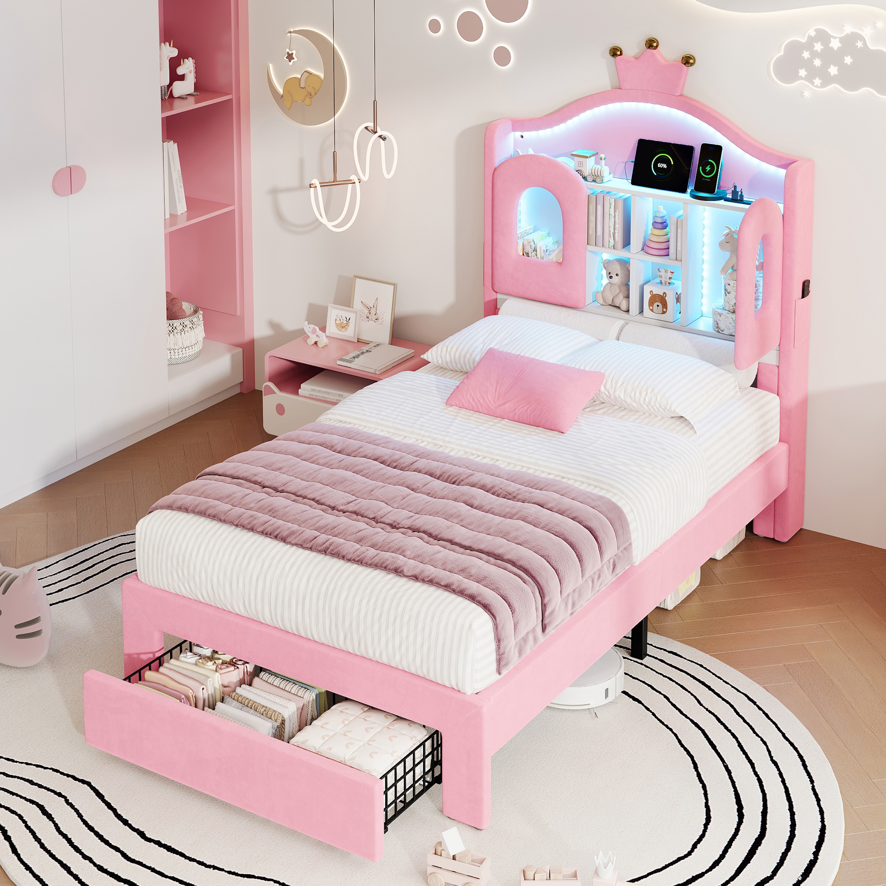 3ft Single Upholstered Bed With LED Storage Headboard, Soft Velvet Frame Drawer — image 2