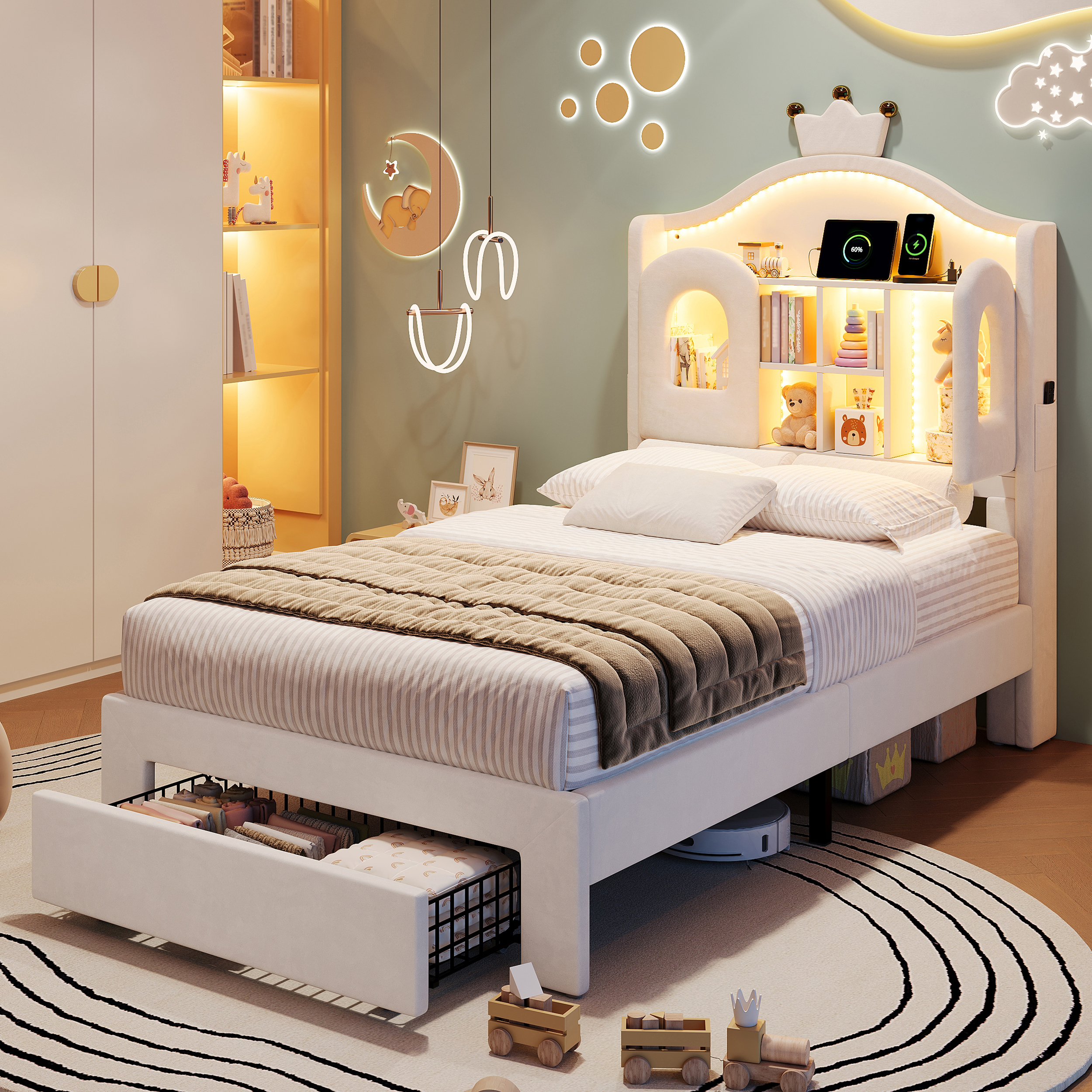 3ft Single Upholstered Bed With LED Storage Headboard, Soft Velvet Frame Drawer — image 4