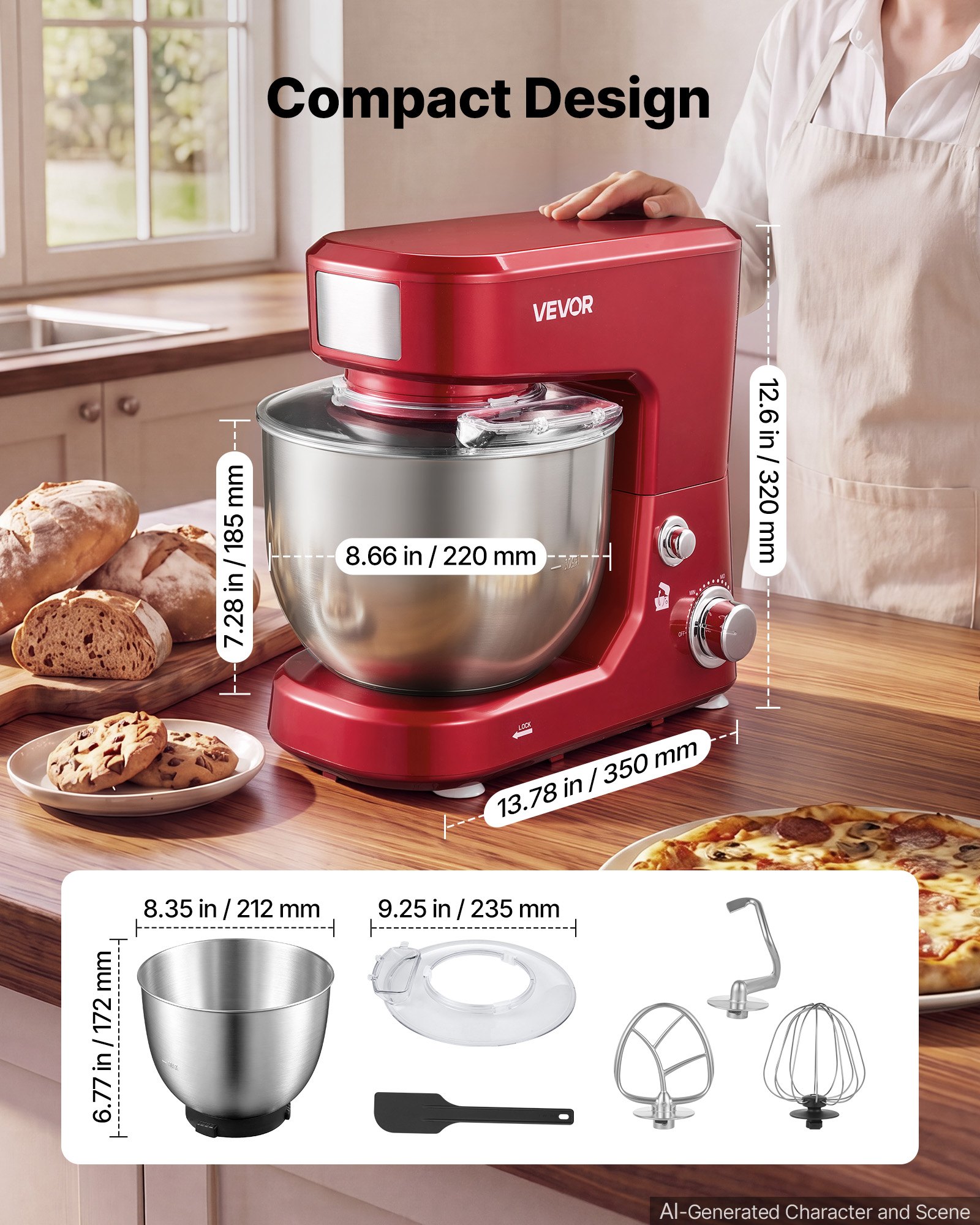 5.3+4.2 Qt Tilt Head Stand Mixer 400W Electric Dough Mixer, 3 Speeds Food Kitchen Mixer With Stainless Steel Bowl, Splash Guard, Dough Hook