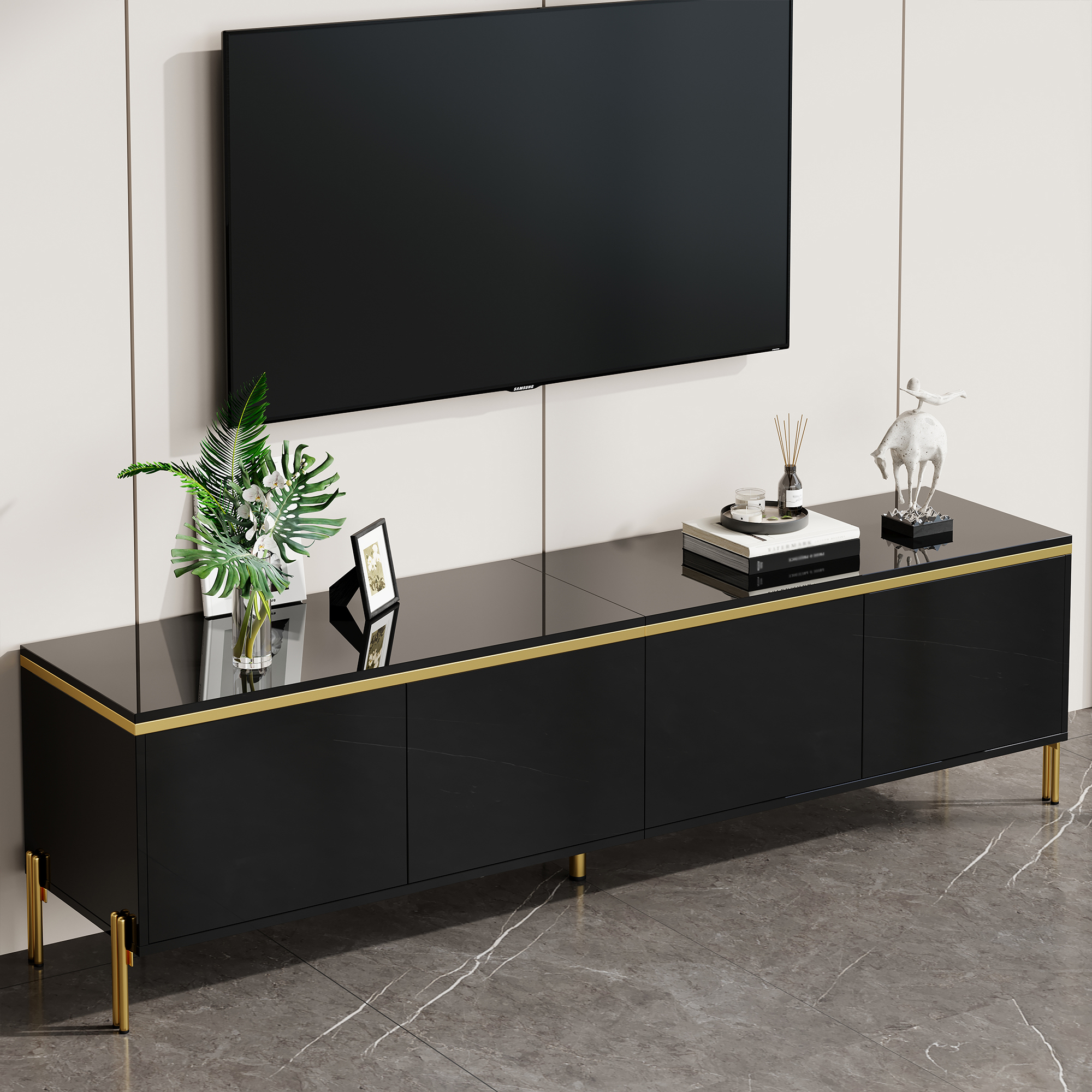 Modern High-gloss TV Stand, Four Cabinet Doors, Cable Management Ports, Gold — image 5