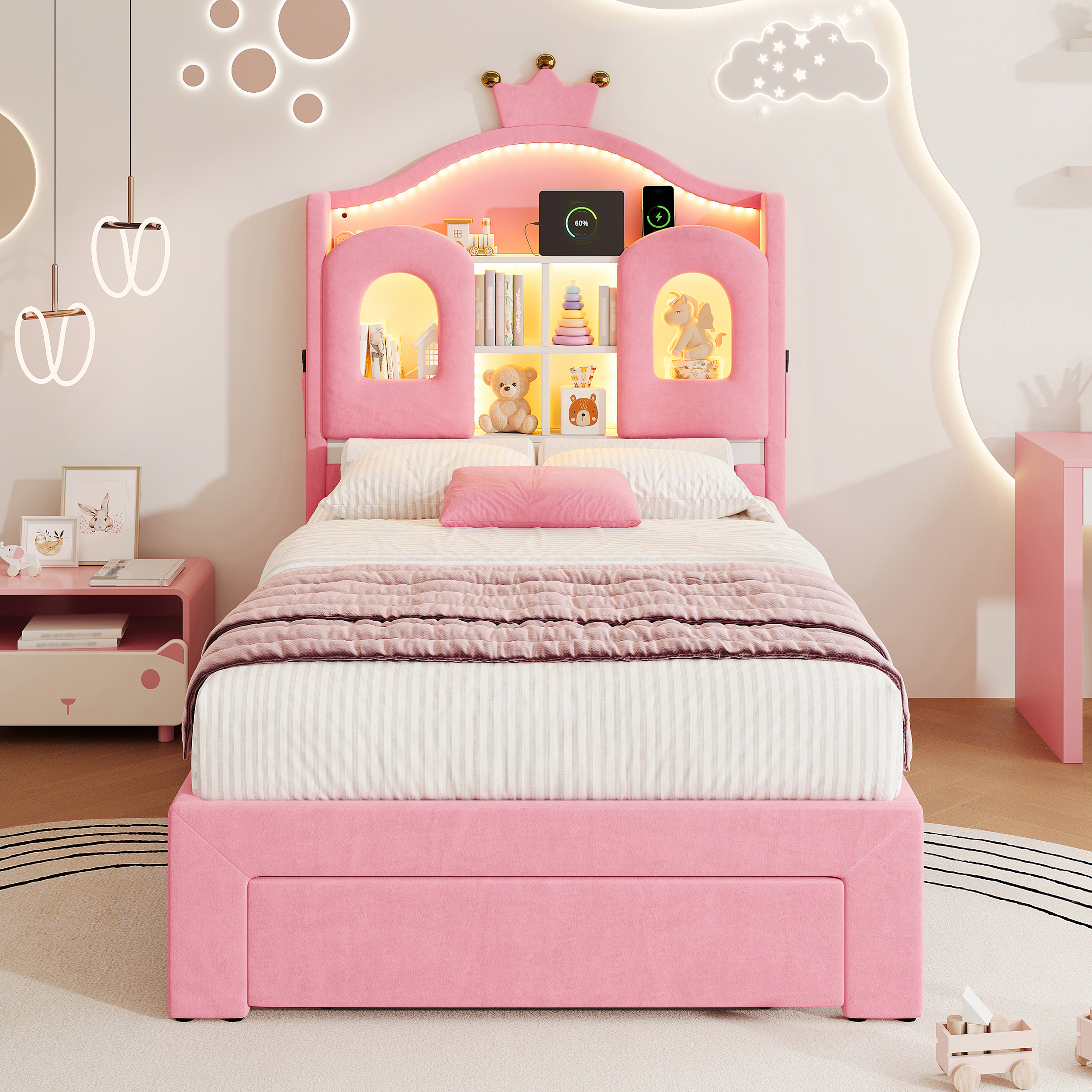 3ft Single Upholstered Bed With LED Storage Headboard, Soft Velvet Frame Drawer — image 3