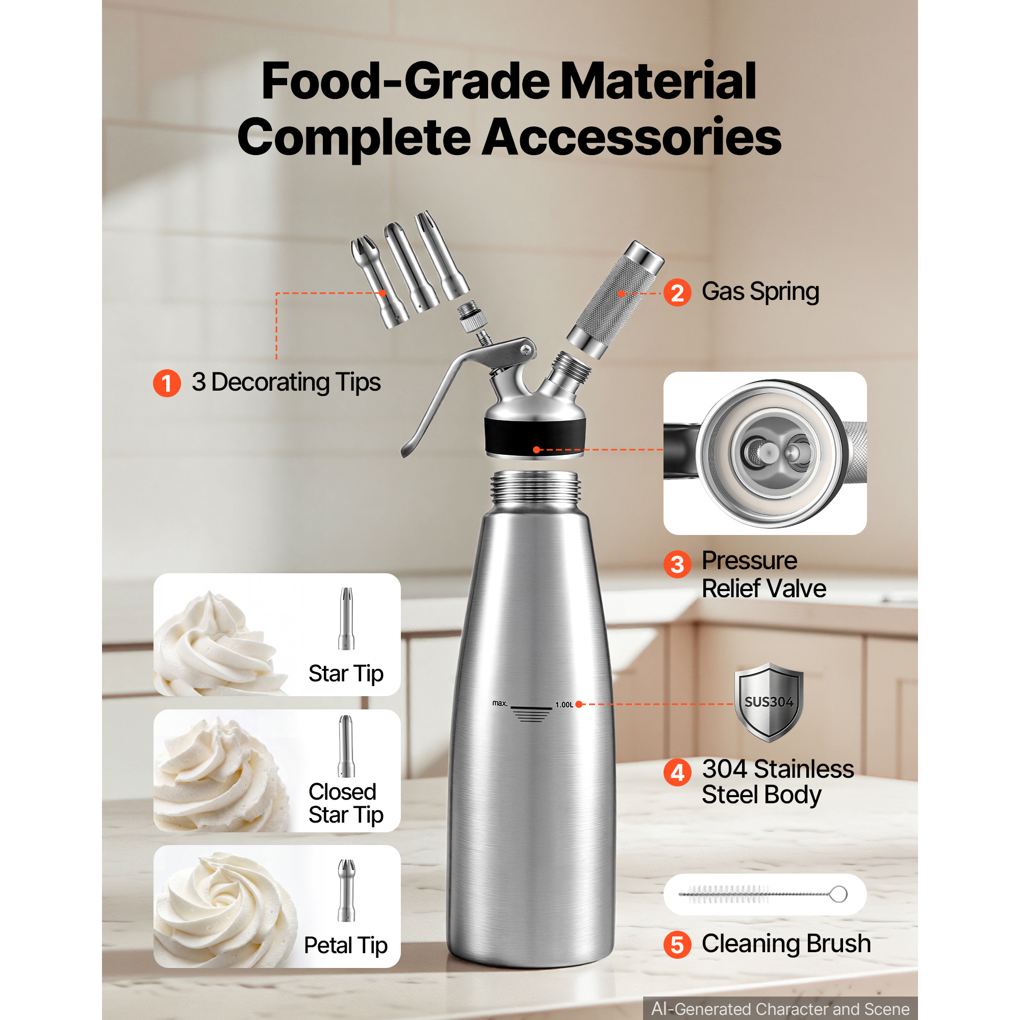 Professional 304 Stainless Steel Whipped Cream Dispenser 1000ml, Leak-Free Whipped Cream Maker, Whip… image 3
