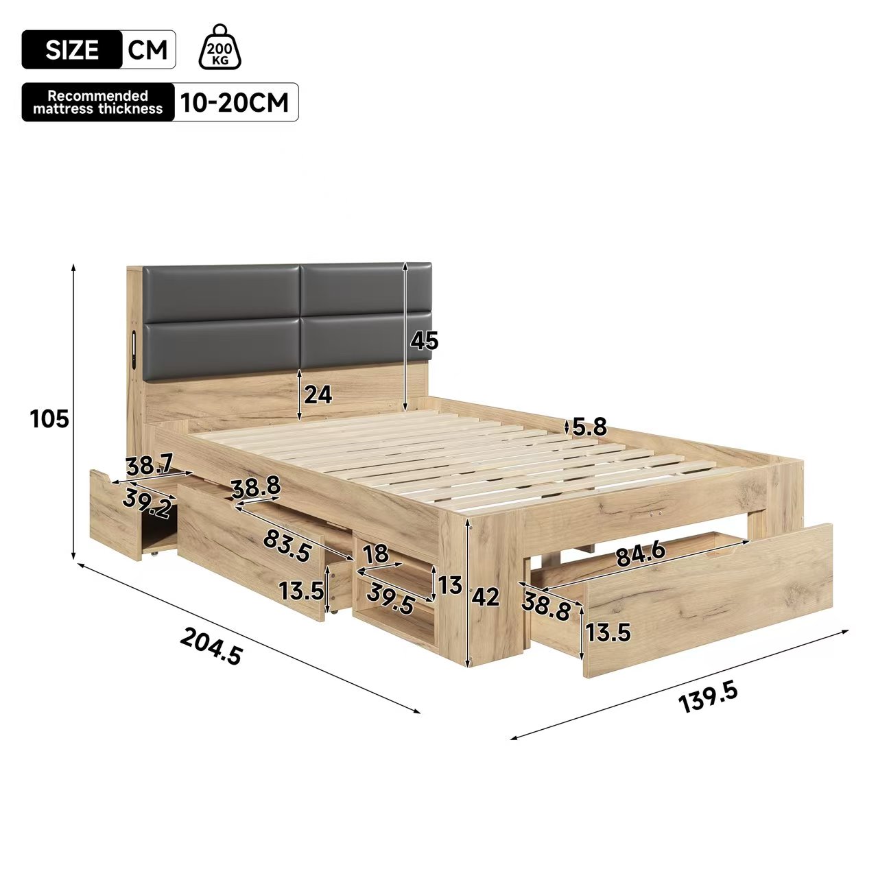 4FT6 Double Bed Frame With Storage, 135 X 190 Cm Natural Effect 3 Drawers, 2 — image 3