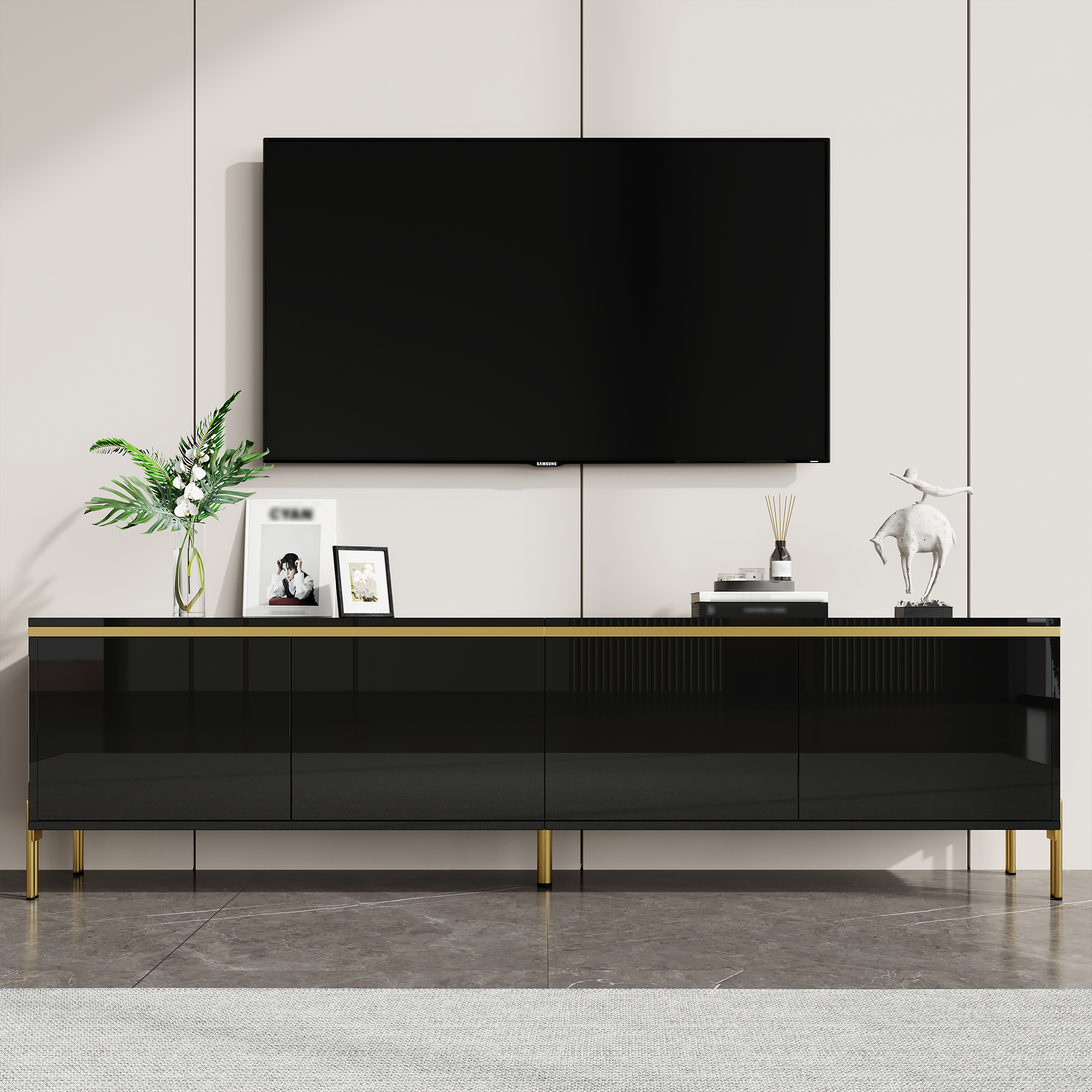Modern High-gloss TV Stand, Four Cabinet Doors, Cable Management Ports, Gold — image 2