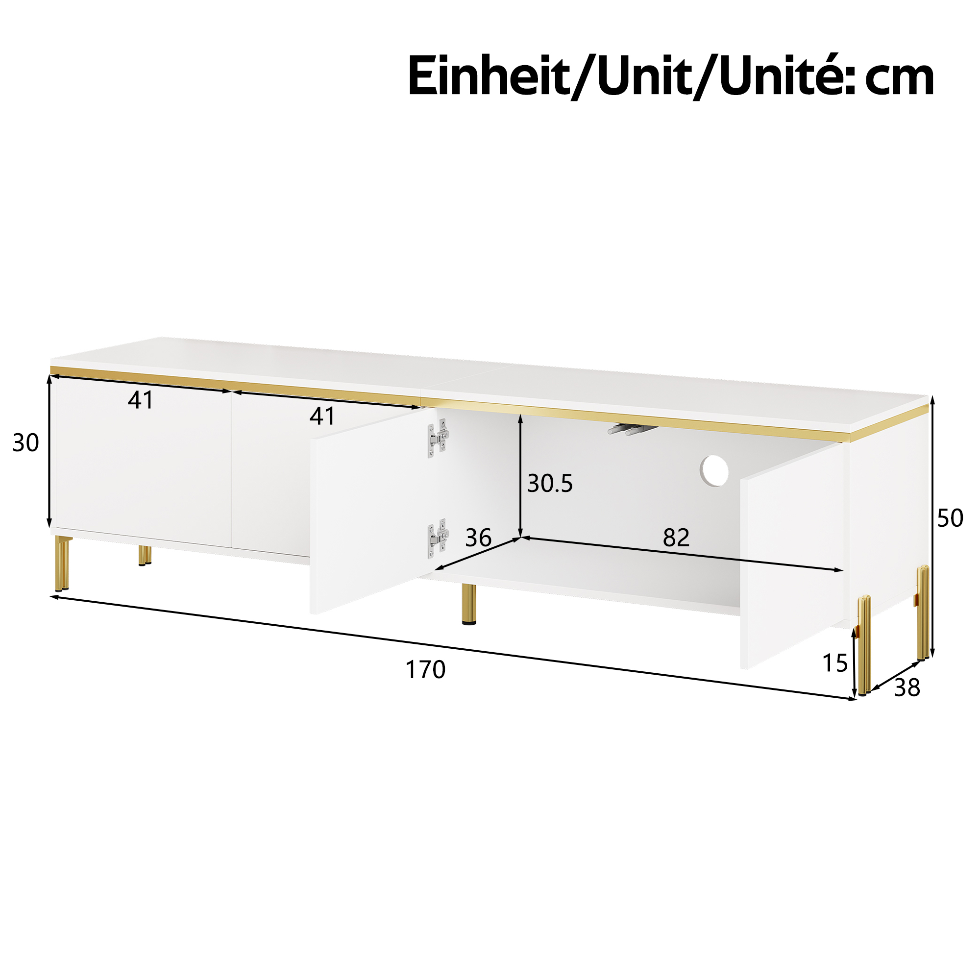 Modern High-gloss TV Stand, Four Cabinet Doors, Cable Management Ports, Gold — image 3