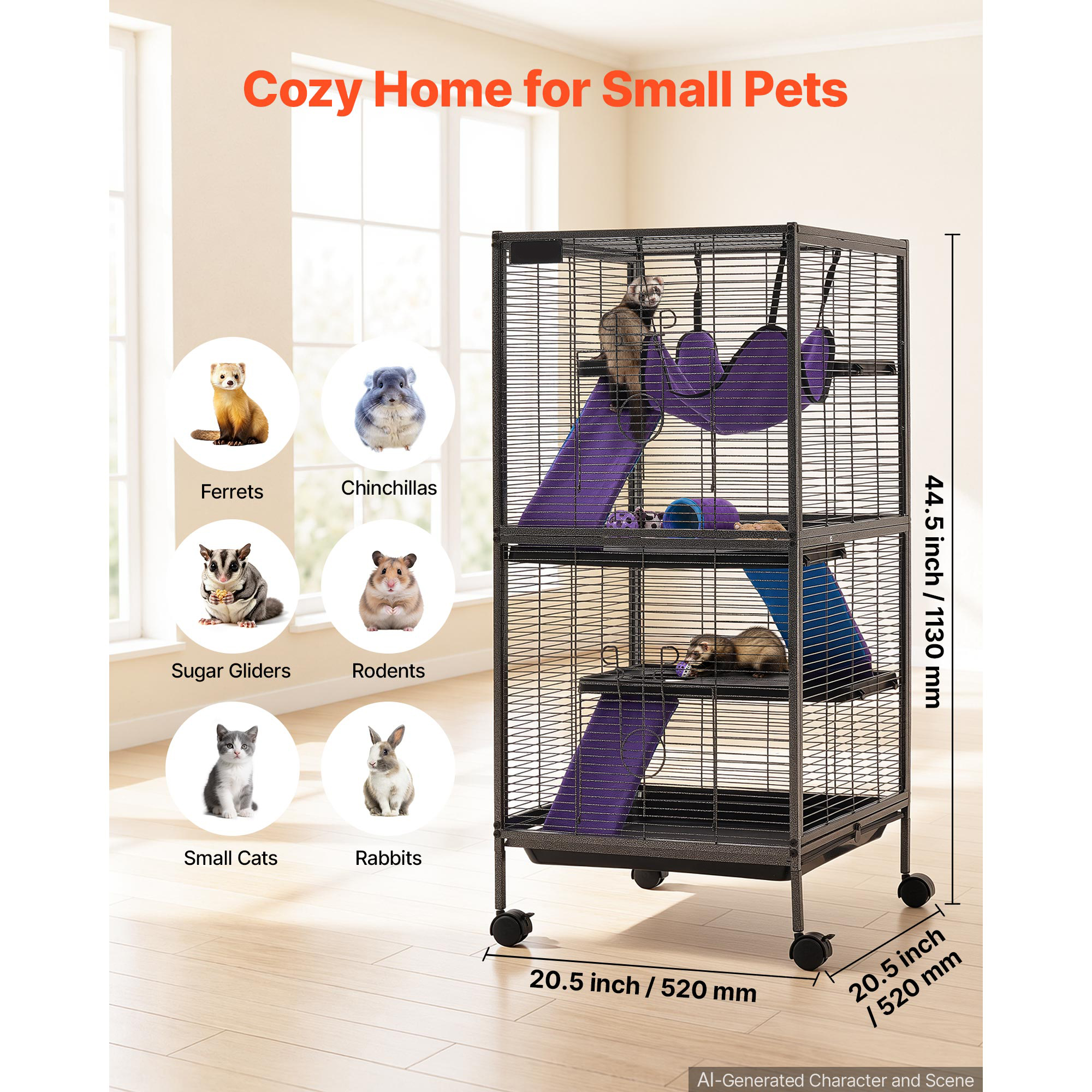 Metal Small Animal Cage 44.5"H 4-Tier Rolling Ferret Cage On Wheels, 0.55" Wire Spacing Large Cages With Hammock, Ramps, Tray & Doors For Ferret, Chinchilla, Sugar Glider, Guinea Pig & Rabbit — image 1