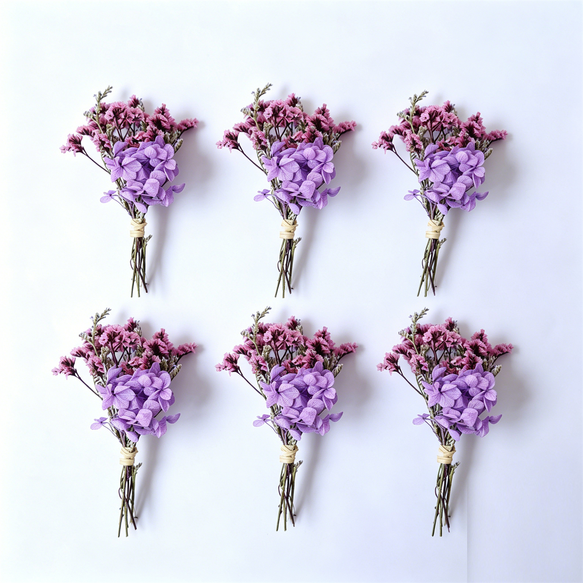 Set Of 6 Mini Purple Dried Flower Bouquets With Hydrangeas And Filler Greens For Delicate Table And Home Decor—Party Accessories Set