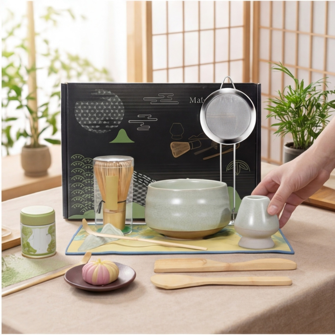 Complete Matcha Set, 9-Piece Gift Set In Green With A Cracked-Glass Effect, Includes Bamboo Whisk And Chashaku Party Accessory Set