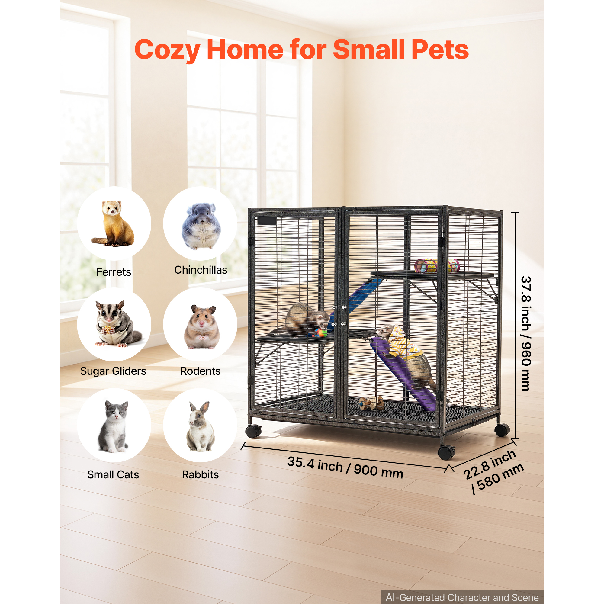 Metal Small Animal Cage 37.8"H 3-Tier Rolling Ferret Cage On Wheels, 0.55" Wire Spacing Large Cages With Ramps, Platform, Tray & Doors For Ferret, Chinchilla, Sugar Glider, Guinea Pig & Rabbit