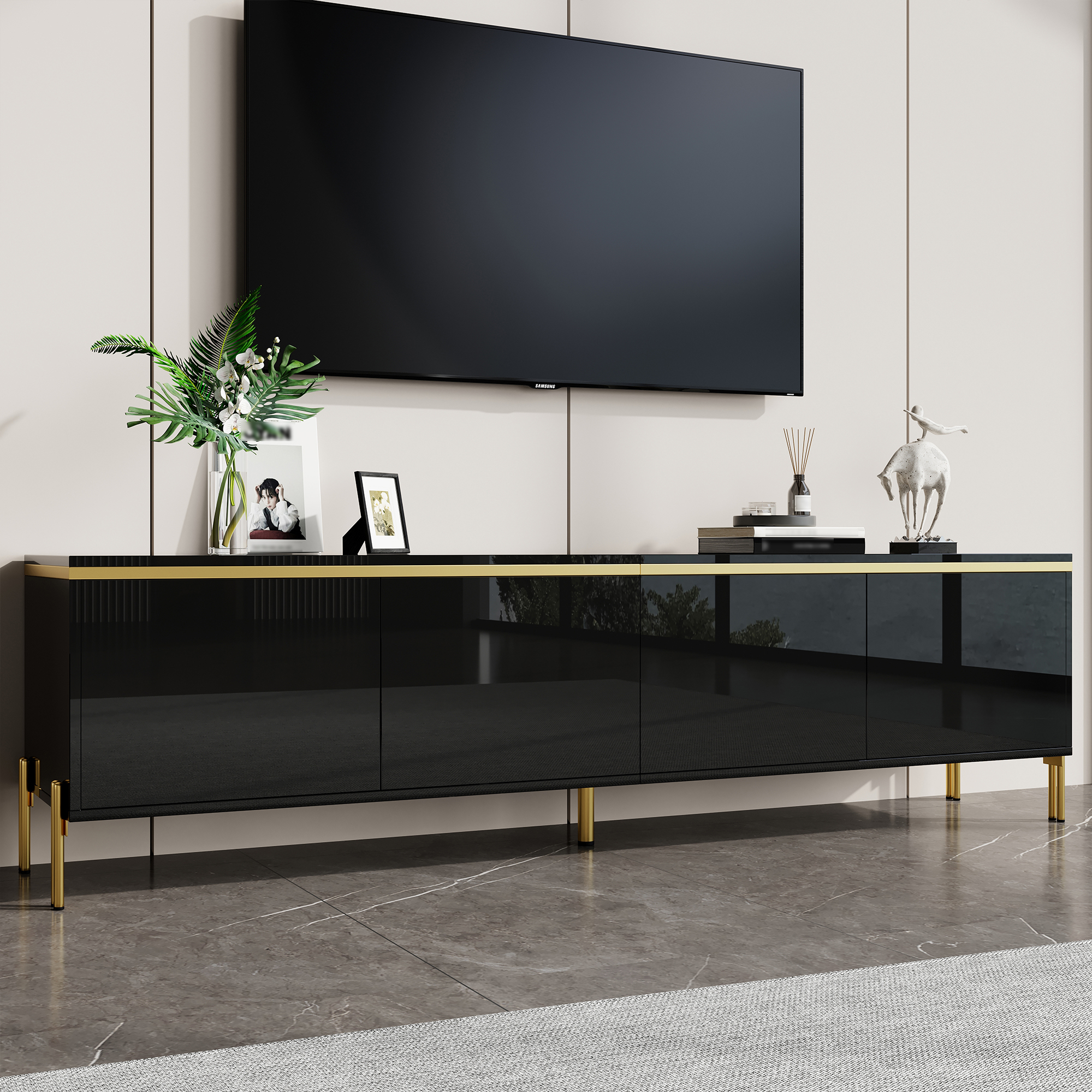 Modern High-gloss TV Stand, Four Cabinet Doors, Cable Management Ports, Gold — image 3