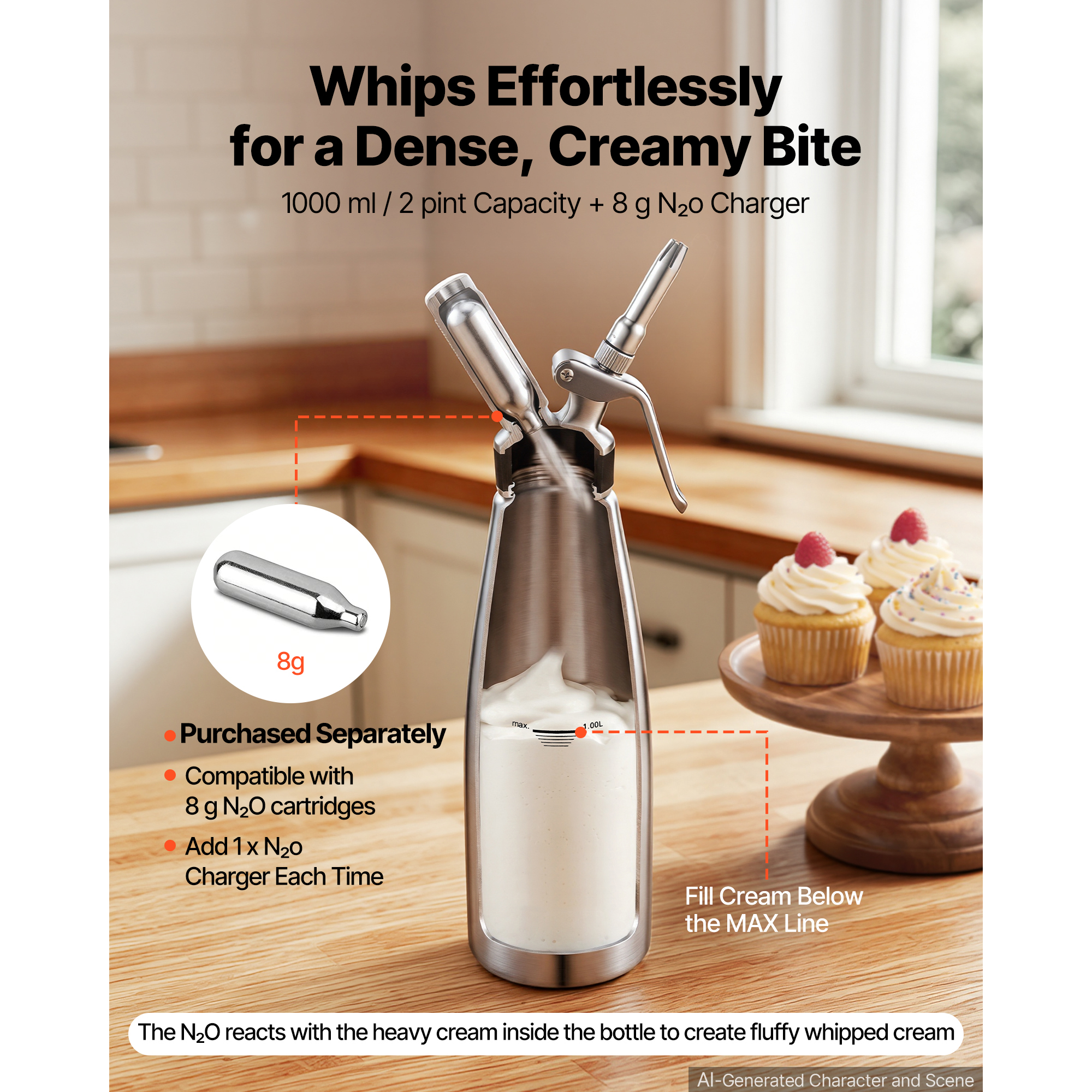 Professional 304 Stainless Steel Whipped Cream Dispenser 1000ml, Leak-Free Whipped Cream Maker, Whip… image 4