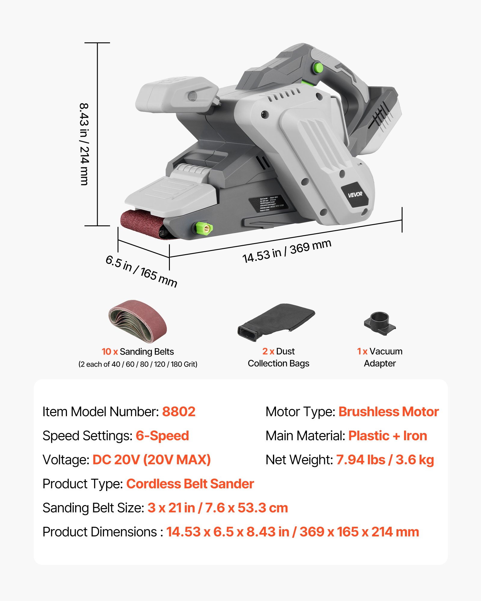 20V Max Cordless Belt Sander, 3" X 21" Belt Sander For Woodworking, 6 Variable Speeds Sanding Machine With 10PCS Sanding Belts, 2 Dust Bags