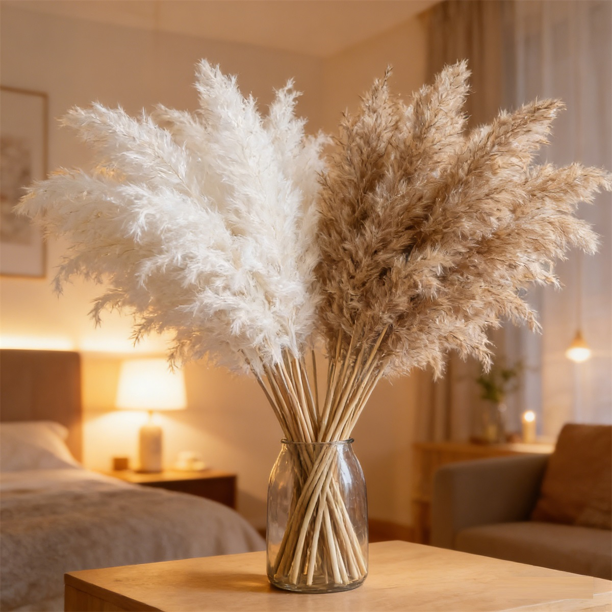 30 Large Reed Stems, Dried Flower Bouquet In Natural White For Home Decor And Vases—Party Accessory Set