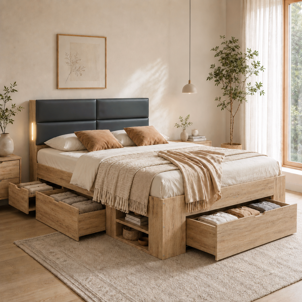 4FT6 Double Bed Frame With Storage, 135 X 190 Cm Natural Effect 3 Drawers, 2 — image 2