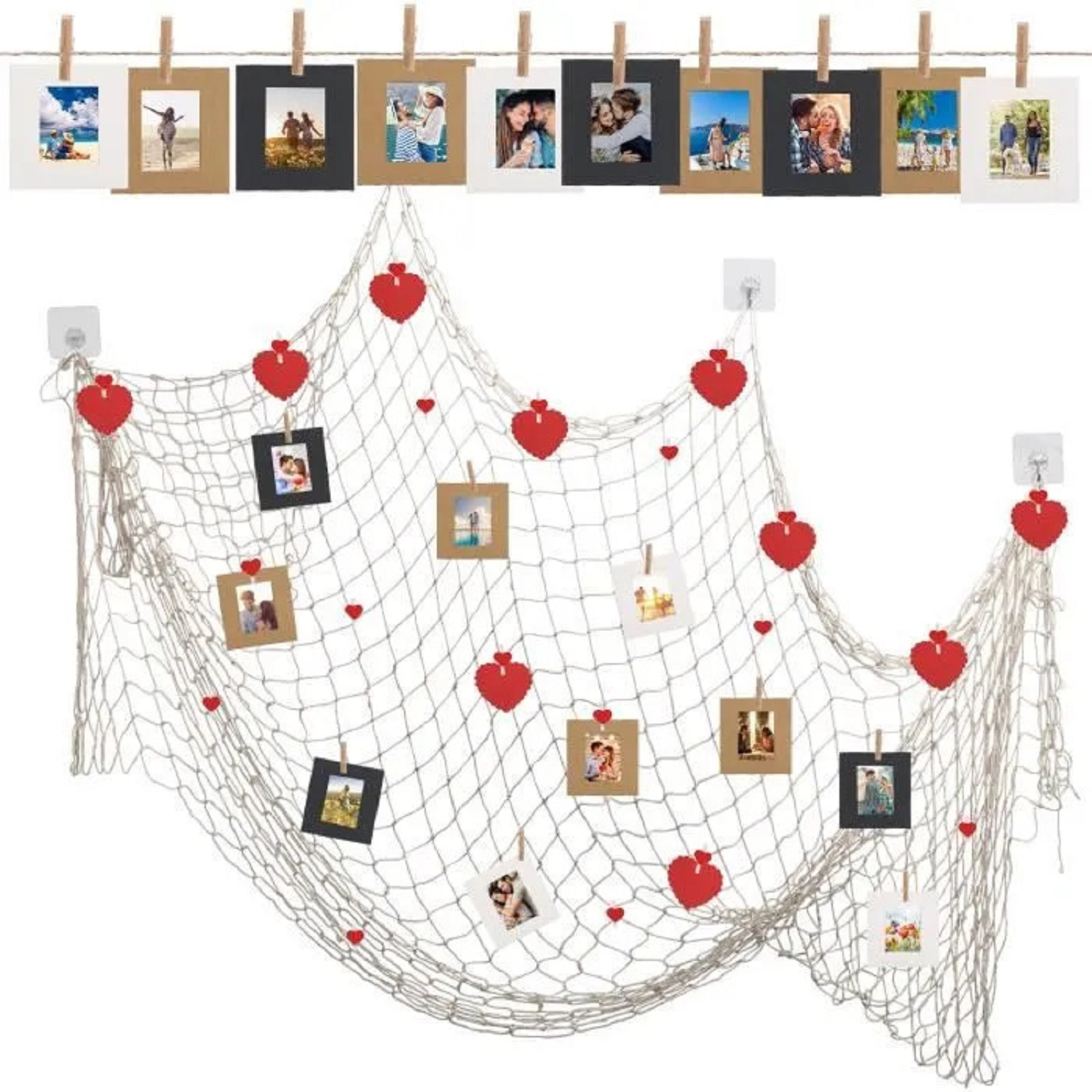 Fishing Net Photo Display Set - 100x200 Cm Net With Heart Clips & Frame For Wall Decor - Party Supplies Set