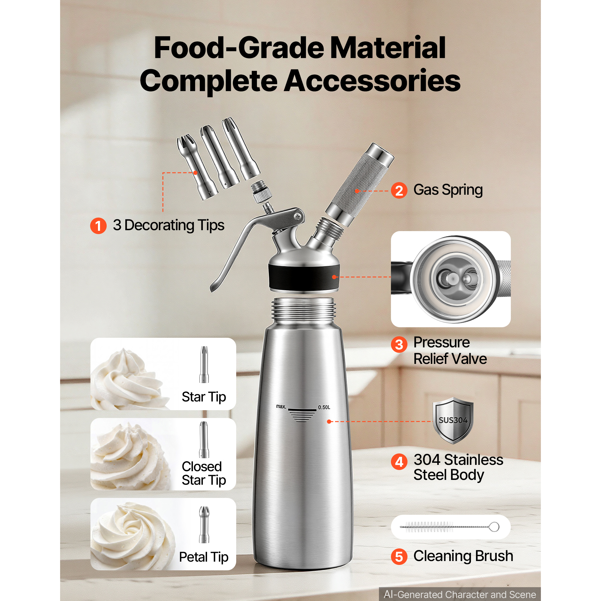 Professional 304 Stainless Steel Whipped Cream Dispenser 500ml, Leak-Free Whipped Cream Maker, Whip Cream Canister… - 5