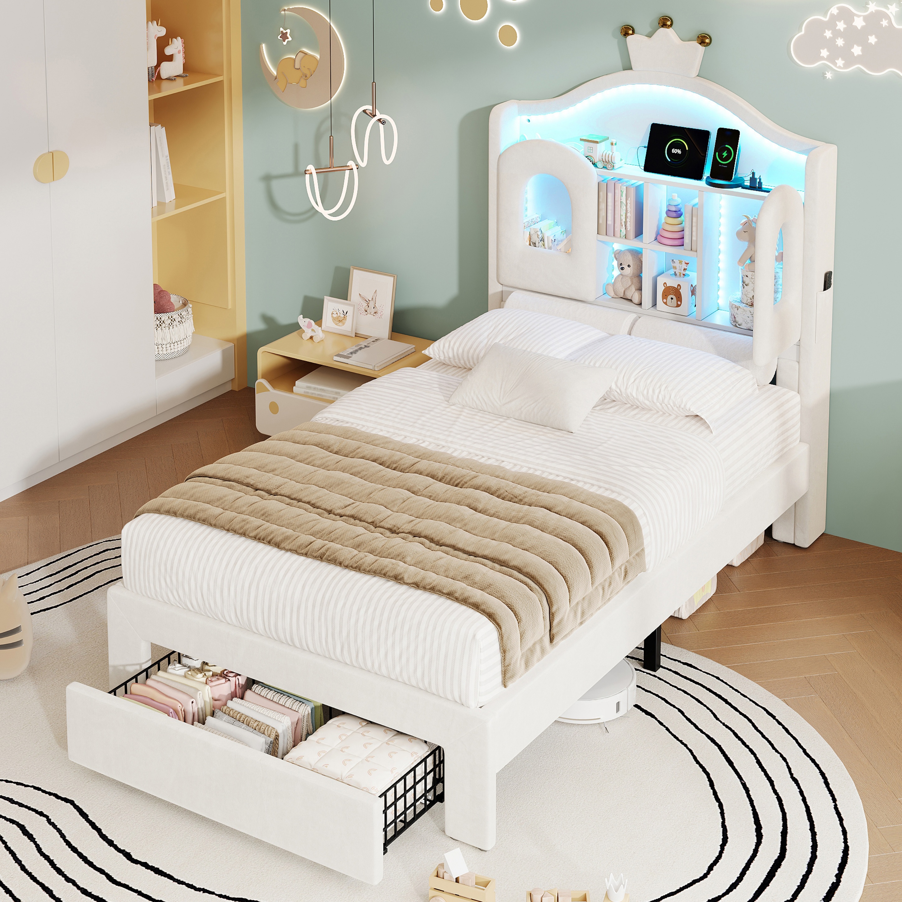 3ft Single Upholstered Bed With LED Storage Headboard, Soft Velvet Frame Drawer — image 3