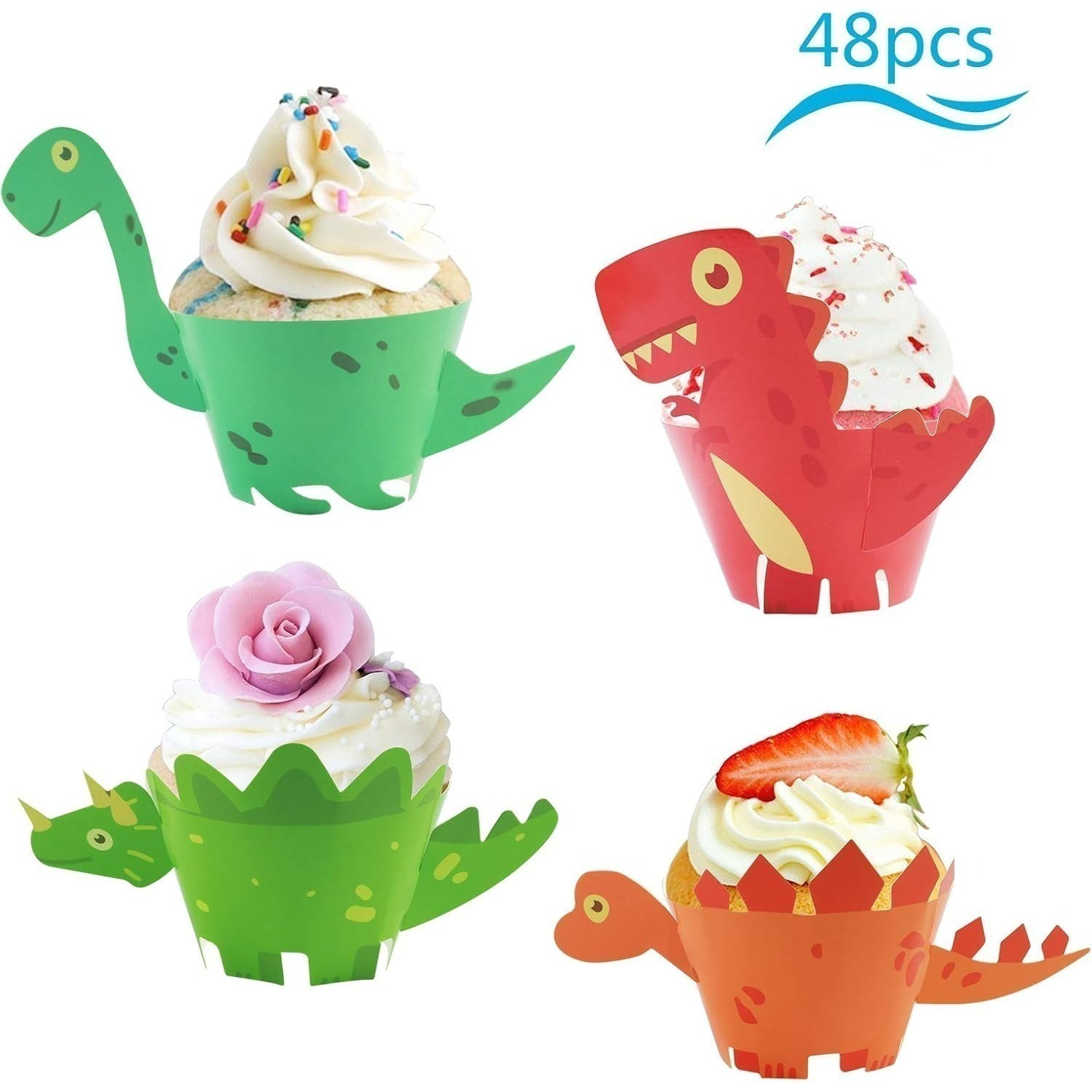 48-Piece Set Of Dinosaur Mini Cupcake Toppers & Wrappers, Paper Dino Muffin Baking Packaging, Double-Sided, Handmade For Party Cake Decorations, Birthday Decorations, Photo Booth Props