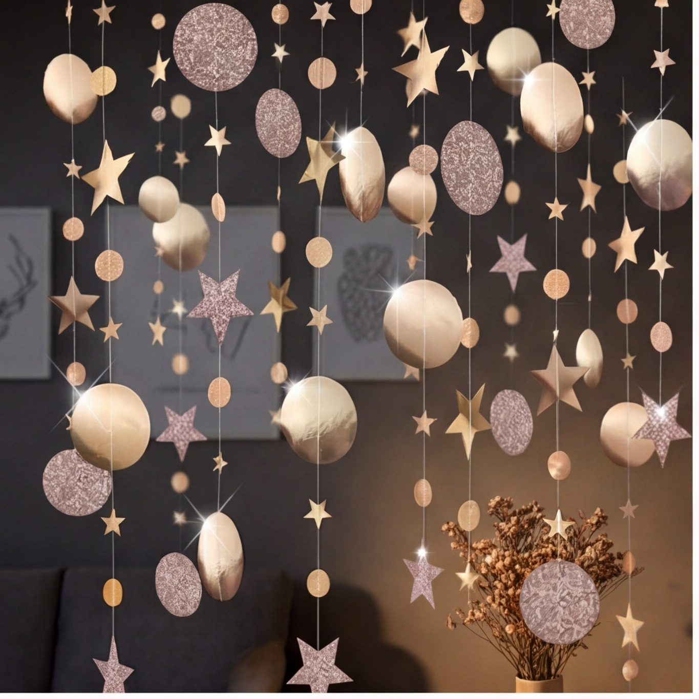 Set Of 5 Champagne-Colored Round Wreath Decorations - Versatile Wall And Table Decorations For Celebrations - Party Accessory Set