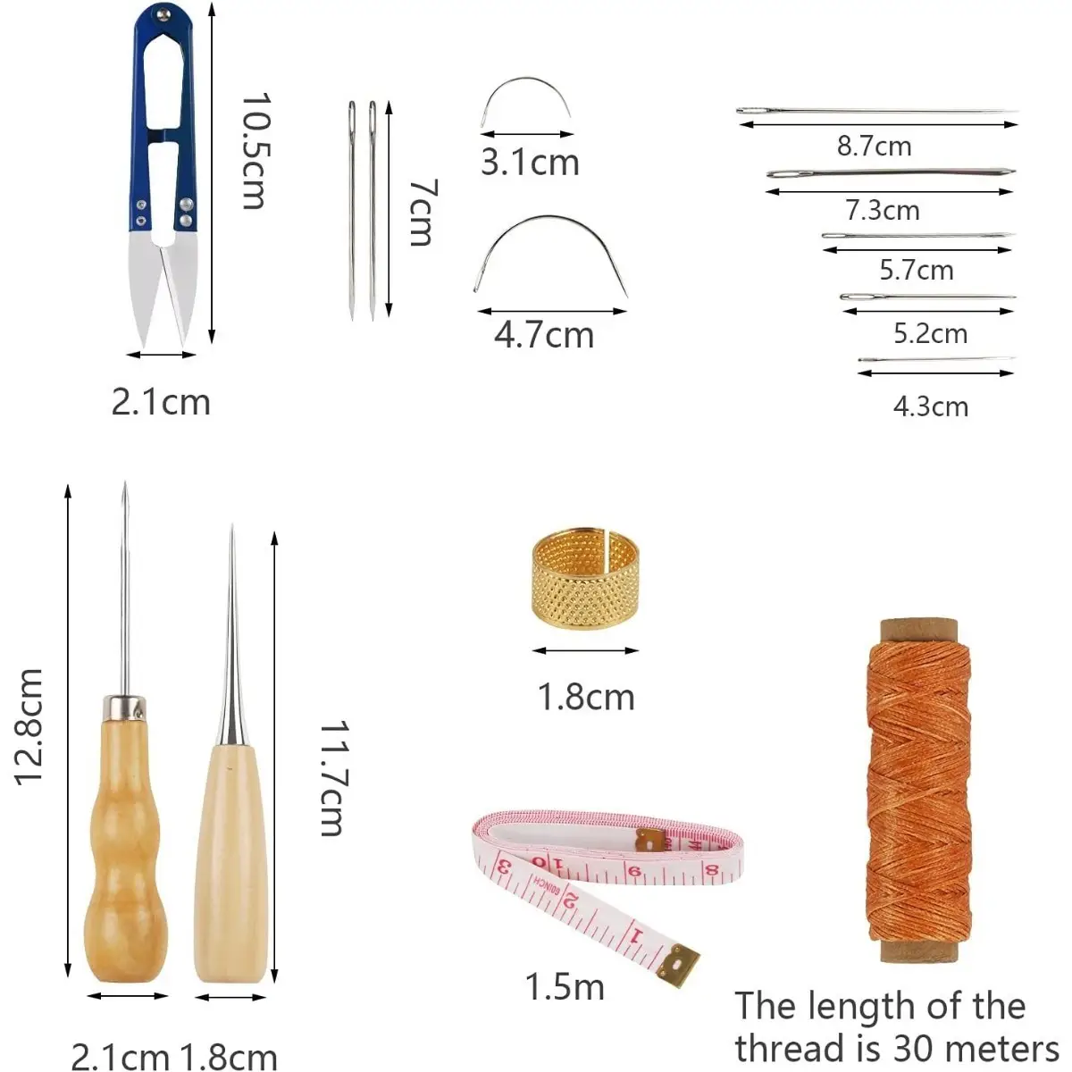 22-Piece Leather Sewing Kit For Leather Crafts. The Leather Sewing Kit Includes A Leather Awl, Hand Leather Needles, 8 Spools Of Waxed Leather Thread, And 9 Lea