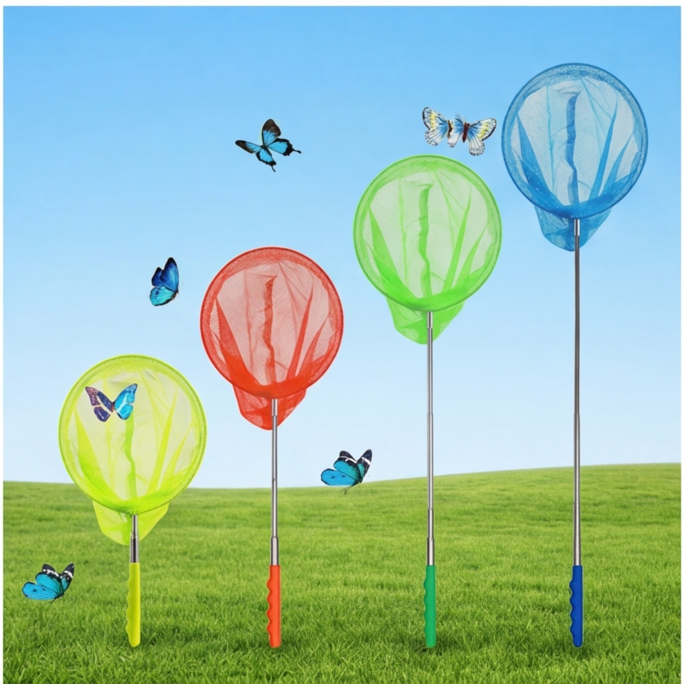 4-Piece Butterfly Net Set, Colorful Nets For The Garden And Nature Explorations, Sturdy Catching Nets For Nature Lovers—Party Accessory Set