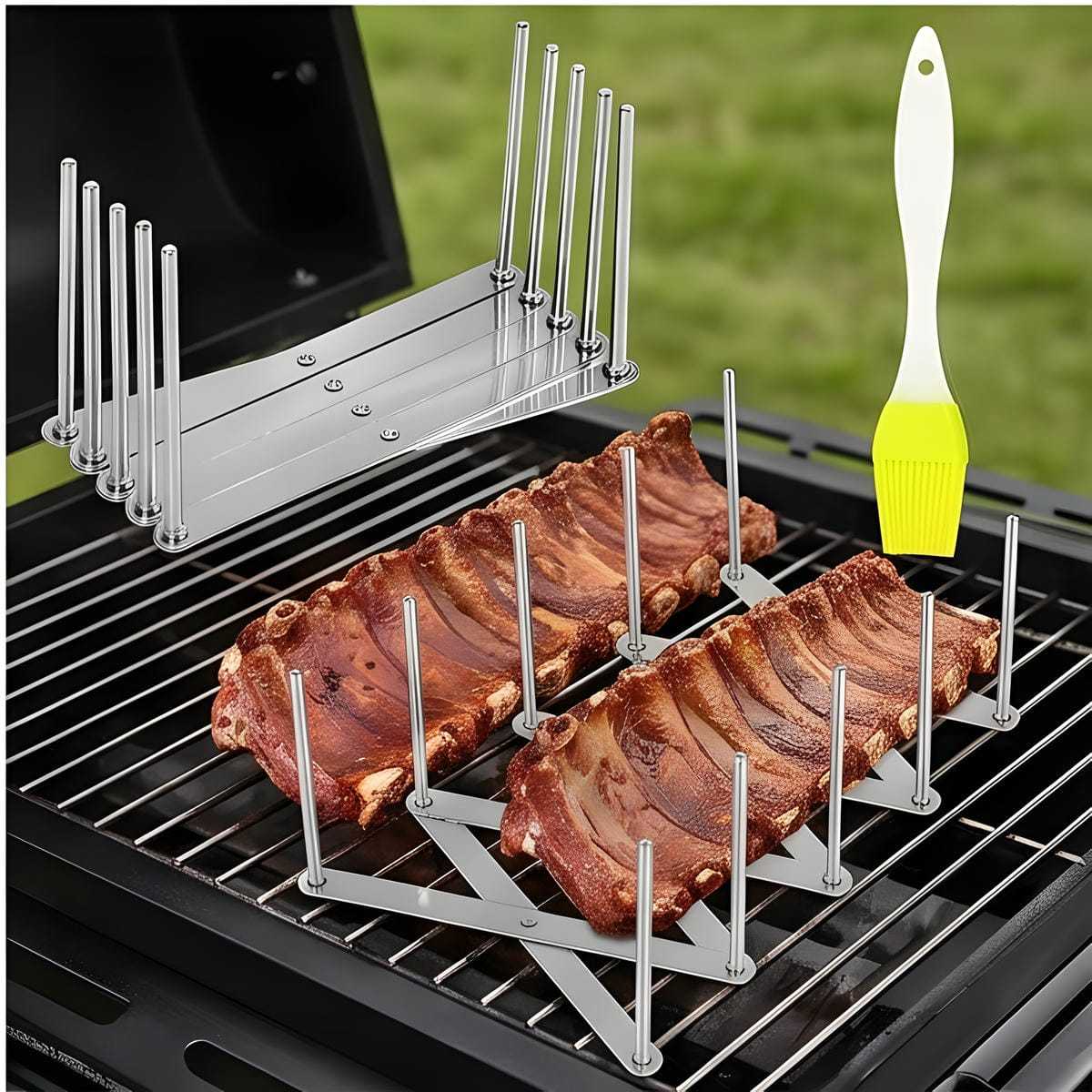 Grill Accessory Set - Green Silicone Brush And 2 Rib Holders For Barbecue Nights - Party Accessory Set
