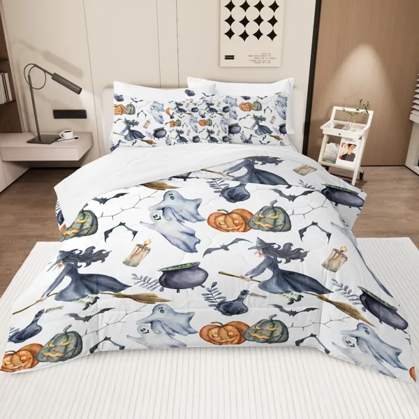 8 Pieces Halloween Comforter Set, Witch Pattern Bed In A Bag Bedding With Comforter Sheet Sham - 1 Comforter, 2 Pillow Shams, 1 Flat Sheet, 1 Fitted Sheet, 1 Cushion Cover, 2 Pillowcases King Size — aspicture — image 1 of 6