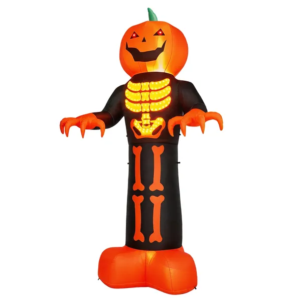 12ft Inflatable Halloween Decor With Skeleton Ribs, Pumpkin & Grim Reaper, 3 LED Lights + 115 Count String Lights, Black & Orange, 12V