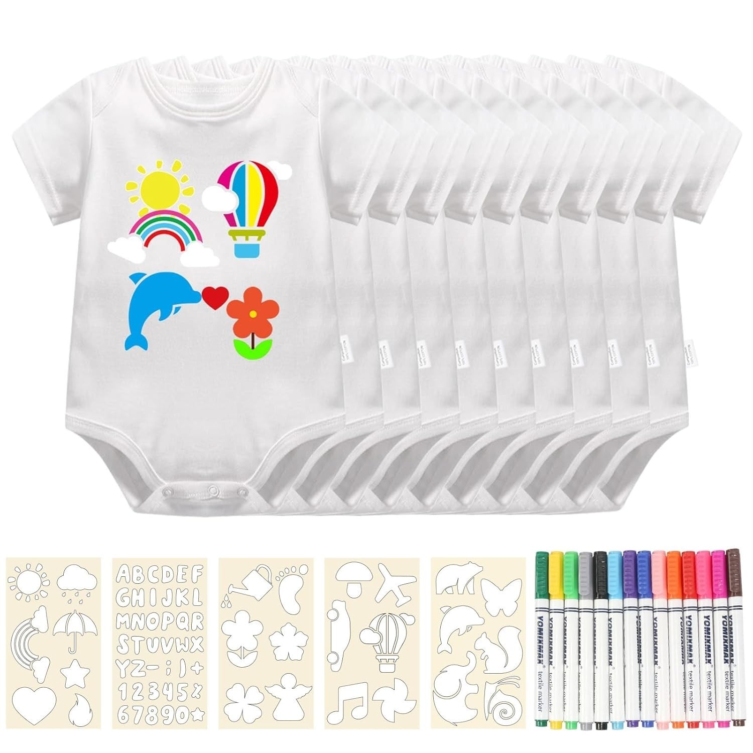 26-Piece DIY Rompers Set With 10 White Rompers, 5 Stencils, And 11 Fabric Markers—Party Supplies Set