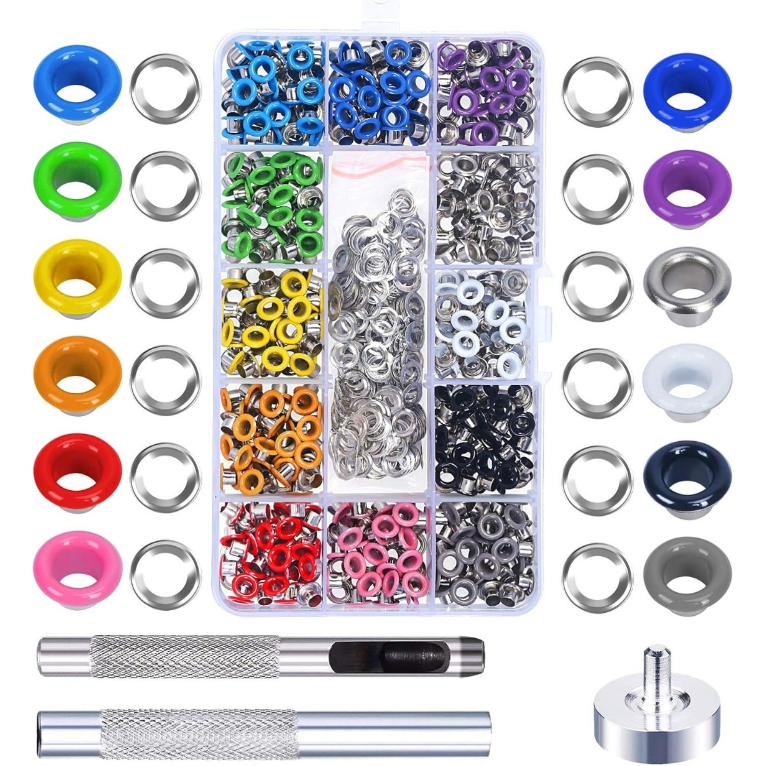 480-Piece Eyelet Set, 1.9 Cm, Multicolor, Metal Eyelet Set With Transparent Storage Box For Bags, Shoes, Clothing, Leather, Crafts, DIY Projects (12-Color Multi-Item Party Favor Packs)
