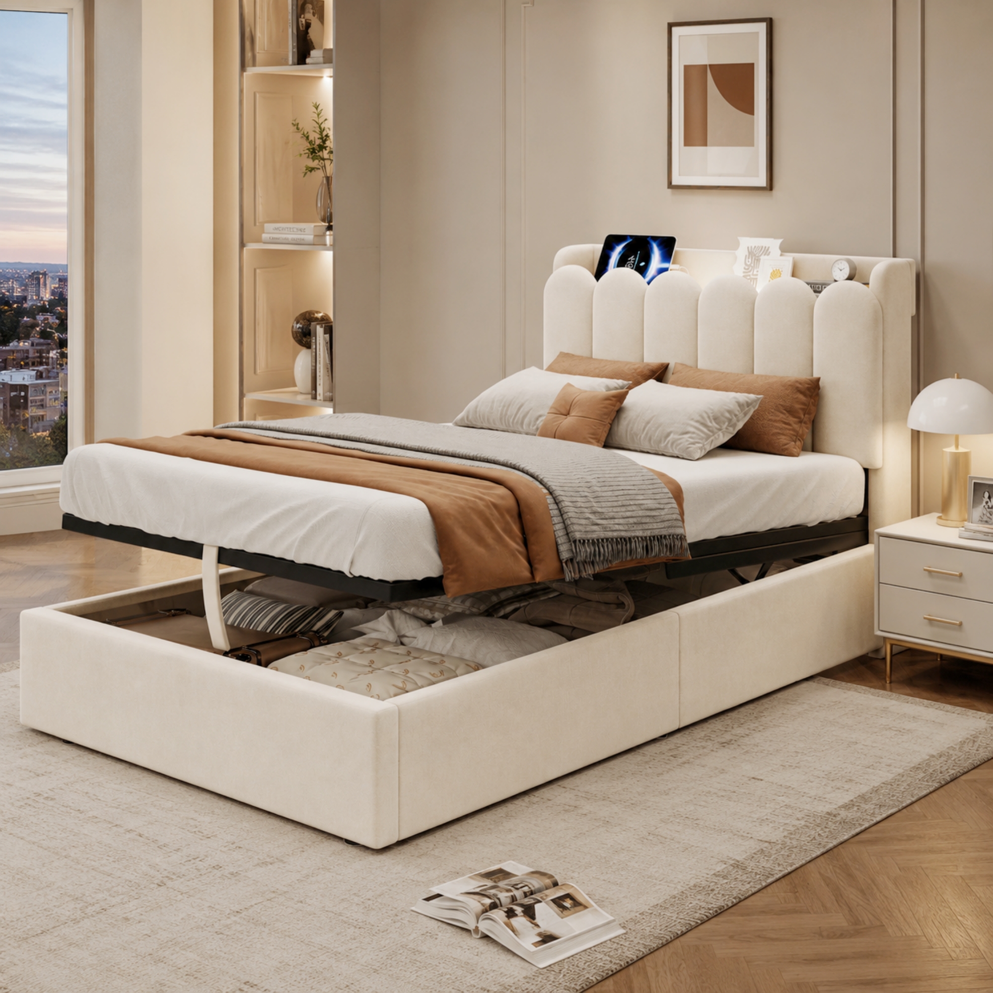 3FT Single Ottoman Bed Frame 90 X 190 Cm, Upholstered Bed With Hydraulic Lift-Up Underbed Storage, Storage Headboard, USB & Type-C Charging Ports And Reading Light, Velvet, Beige