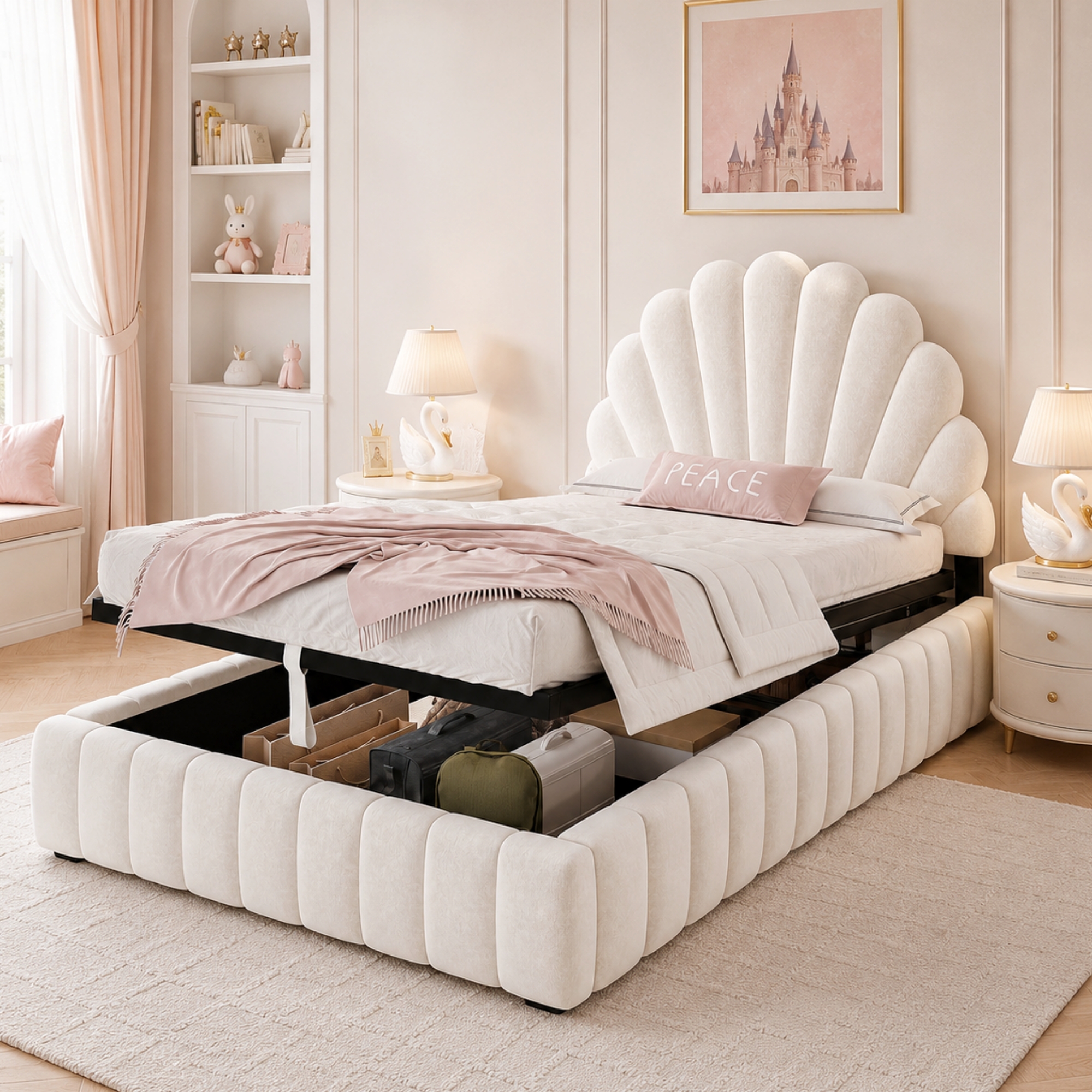 3FT Single Ottoman Storage Bed Frame 90 X 190cm, Princess With Shell-Shaped — image 5