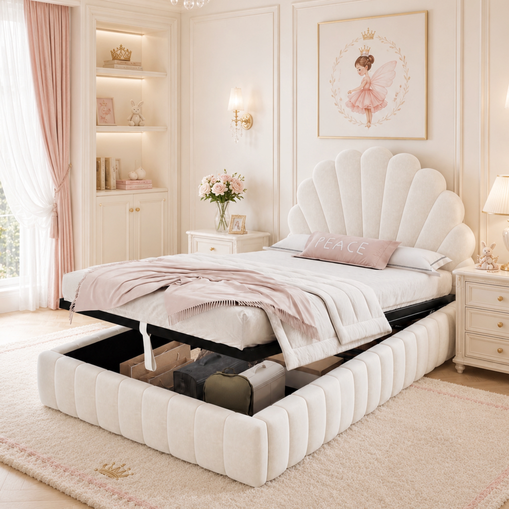 3FT Single Ottoman Storage Bed Frame 90 X 190cm, Princess With Shell-Shaped — image 2