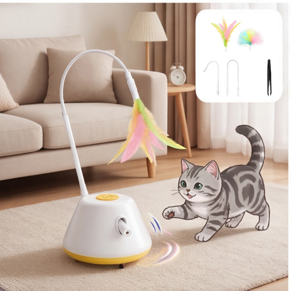Interactive Cat Toy In Yellow With Feathers, Indoor Cat Toy, Engaging Toy For Indoor Cats Party Accessory Set