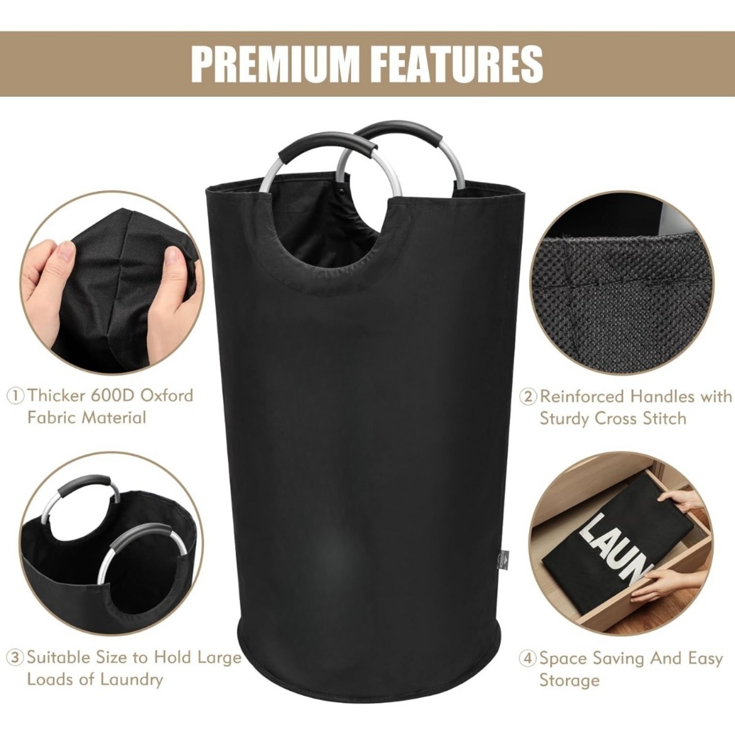 90L Black Large Foldable Laundry Baskets, Collapsible Laundry Bags, Clothing Bags—Drawstring Bag Sets