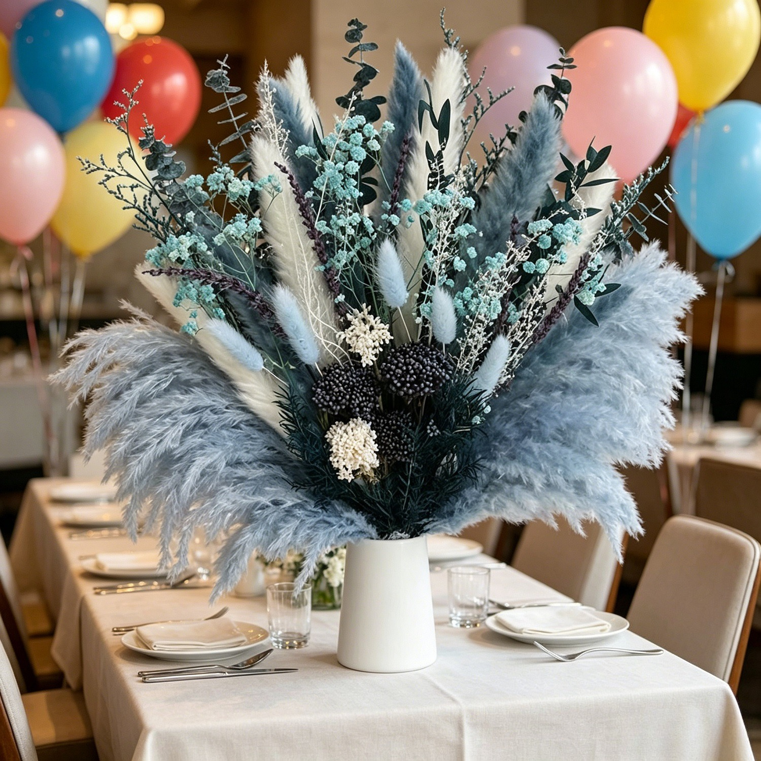 Set Of 52 Blue Pampas Grass Decorations, Blue Dried Grass Mixed Arrangement For Vases