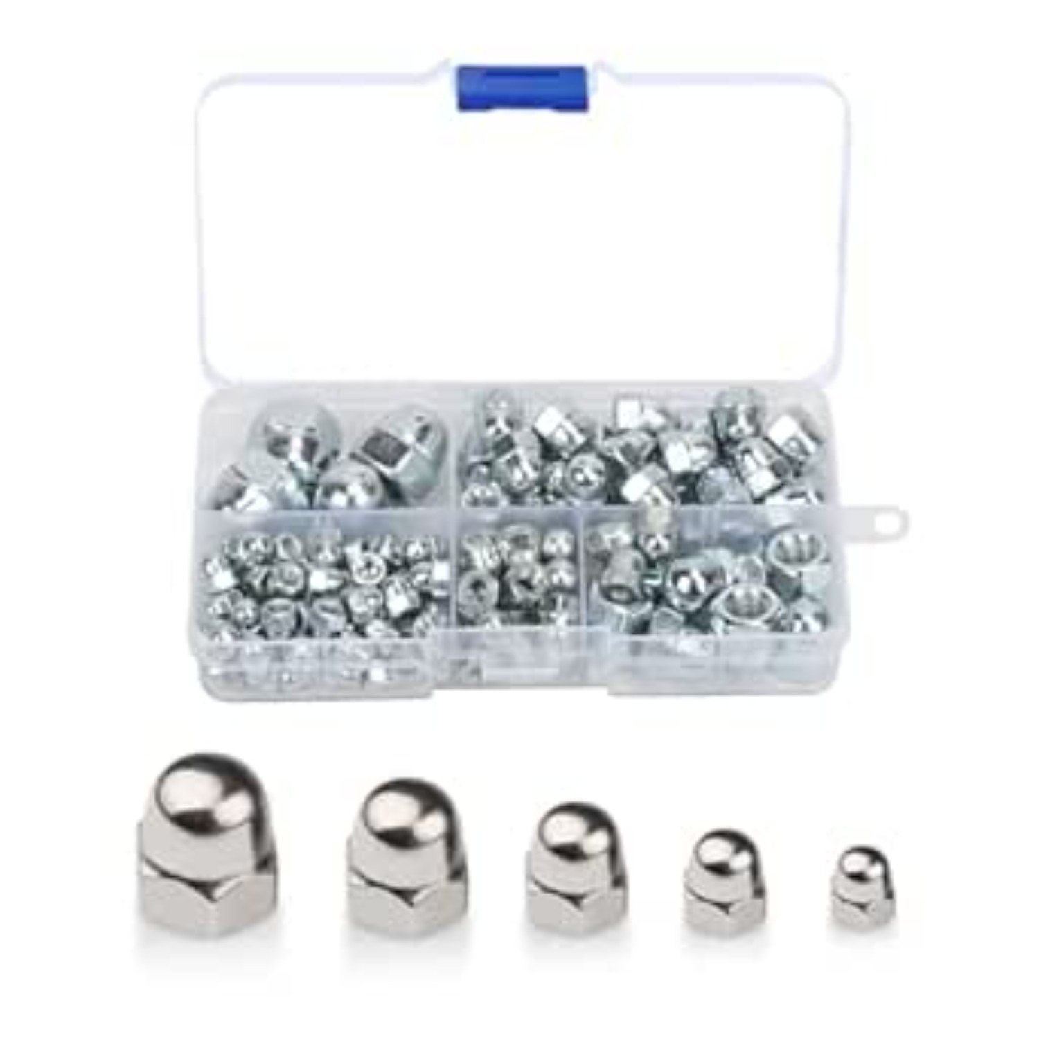 124-Piece Set Of Stainless Steel Cap Nuts, Dome-Head Hex Nuts With Transparent Storage Box; Accessories For Furniture, Bicycles, Woodworking, Steel, And Industrial Machinery - M4, M5, M6, M8, M10