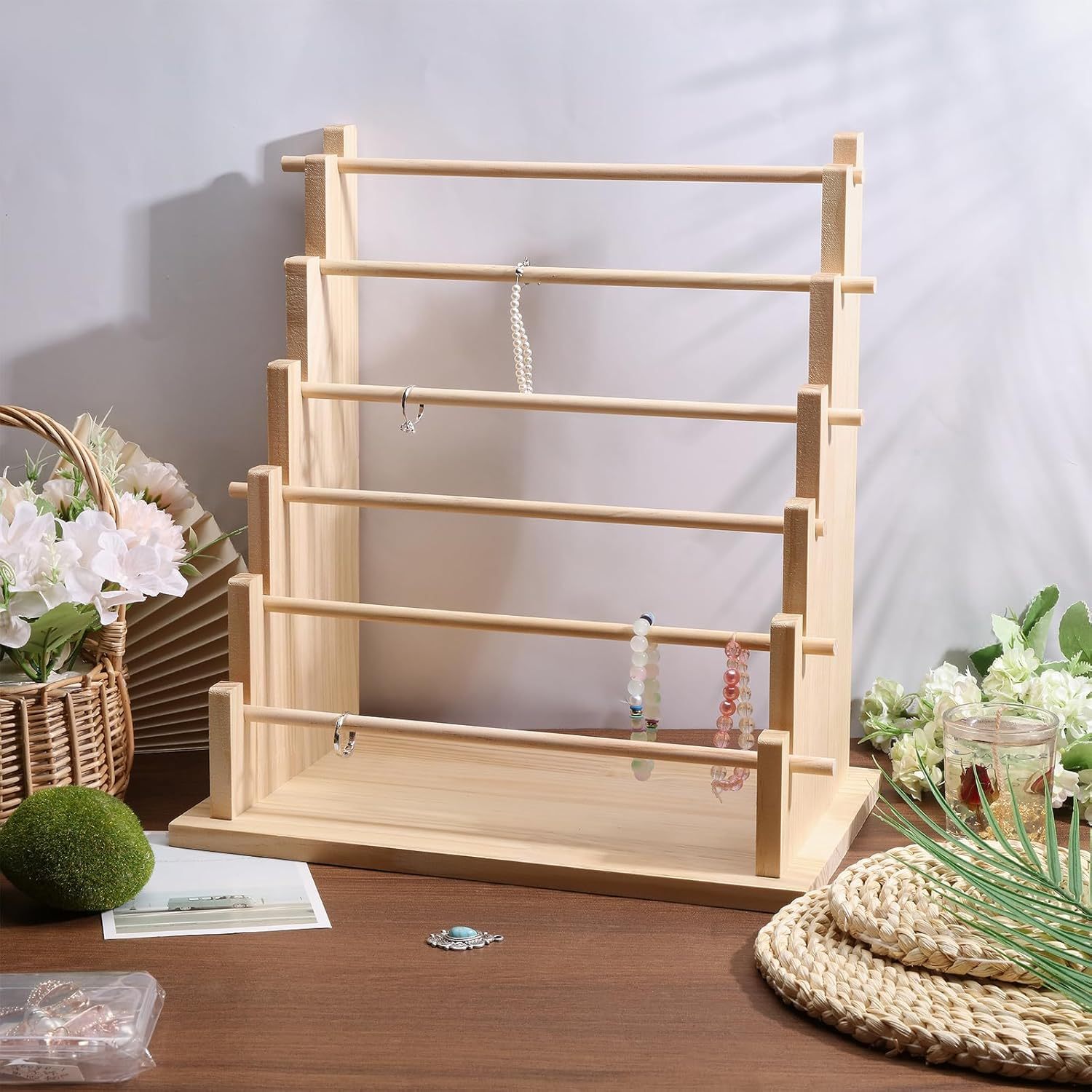 6-Tier Solid Wood Jewelry Storage Shelf, Organizer For Necklaces, Earrings, And Bracelets—Multi-Piece Party Gift Set