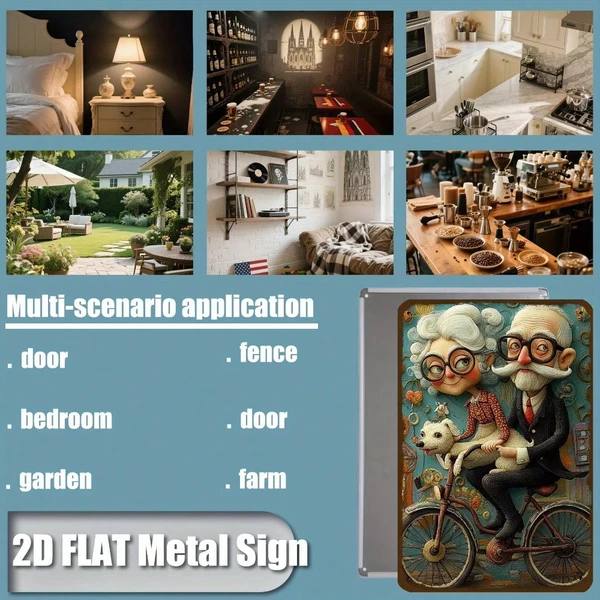 CIFbuy Vintage Metal Wall Art Retro Bike Couple With Dog Cyan Floral Background  view 2
