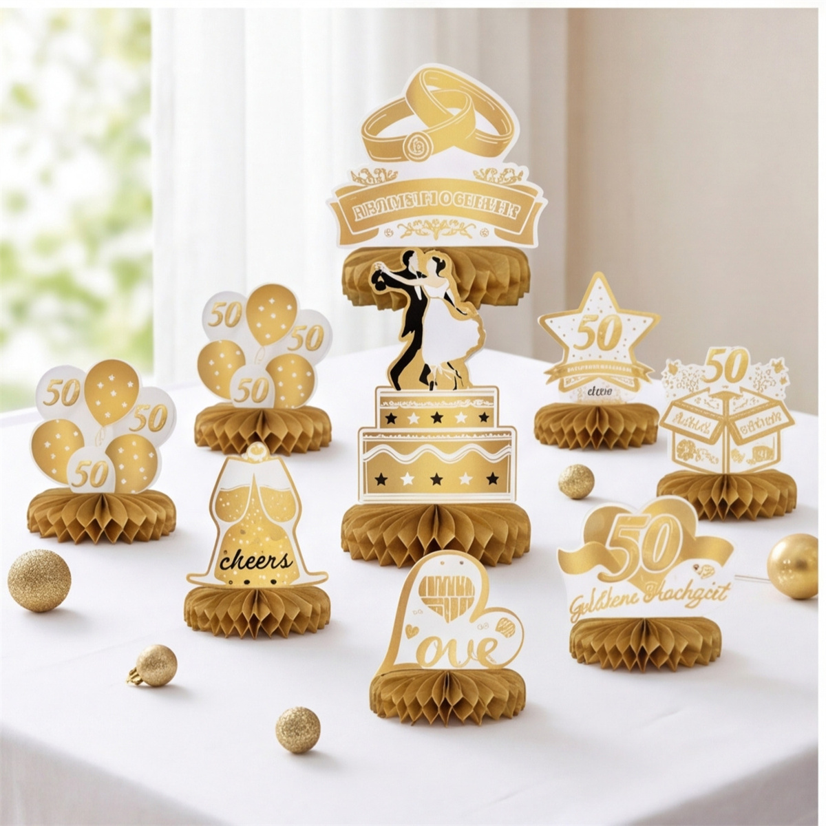 27-Piece Golden Wedding Decoration Set - 9 Cards & 18 Paper Honeycomb Balls For The 50th Wedding Anniversary