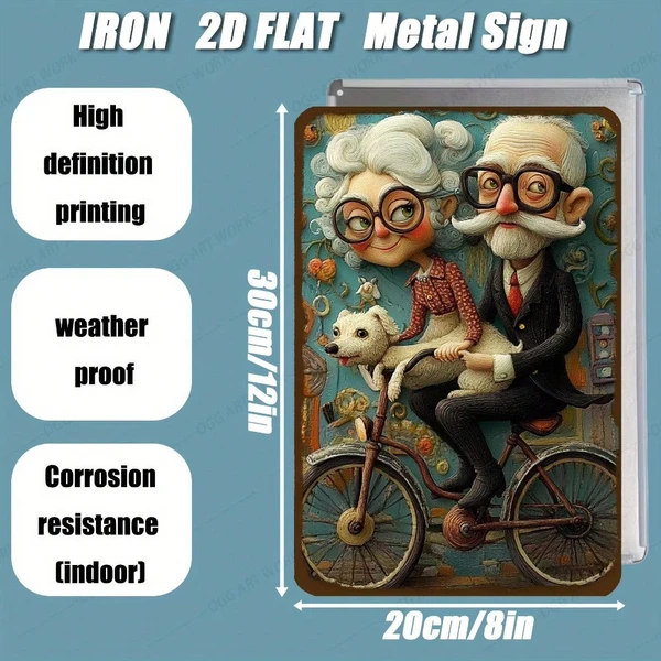 CIFbuy Vintage Metal Wall Art Retro Bike Couple With Dog Cyan Floral Background