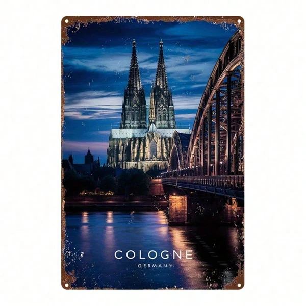 CIFbuy Vintage Cologne Cathedral Metal Sign 8x12 Inch, Iron Bridge Night Scene Wall Art, Square Flat Printed Tin Plaque For Home Bar Ga Tik